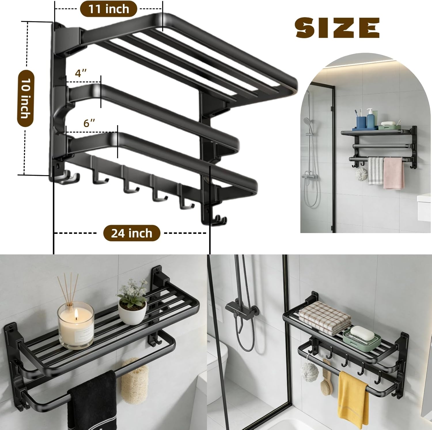 Towel Rack Wall for Bathroom Lavatory Hotel, 24 Inch Foldable Towel Shelf with 2 Towel Holder Bar and 7 Hooks, Black Matte Towel Storage Organizer Mounted, Drill-in or Adhesive Installation