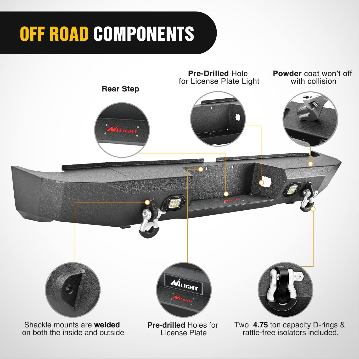 Nilight Rear Step Bumper for 2007 2008 2009 2010 2011 2012 2013 Toyota Tundra Full Width Pickup Truck Textured Black Solid Steel Off-Road with 2X Upgraded 18W LED Lights D-Rings