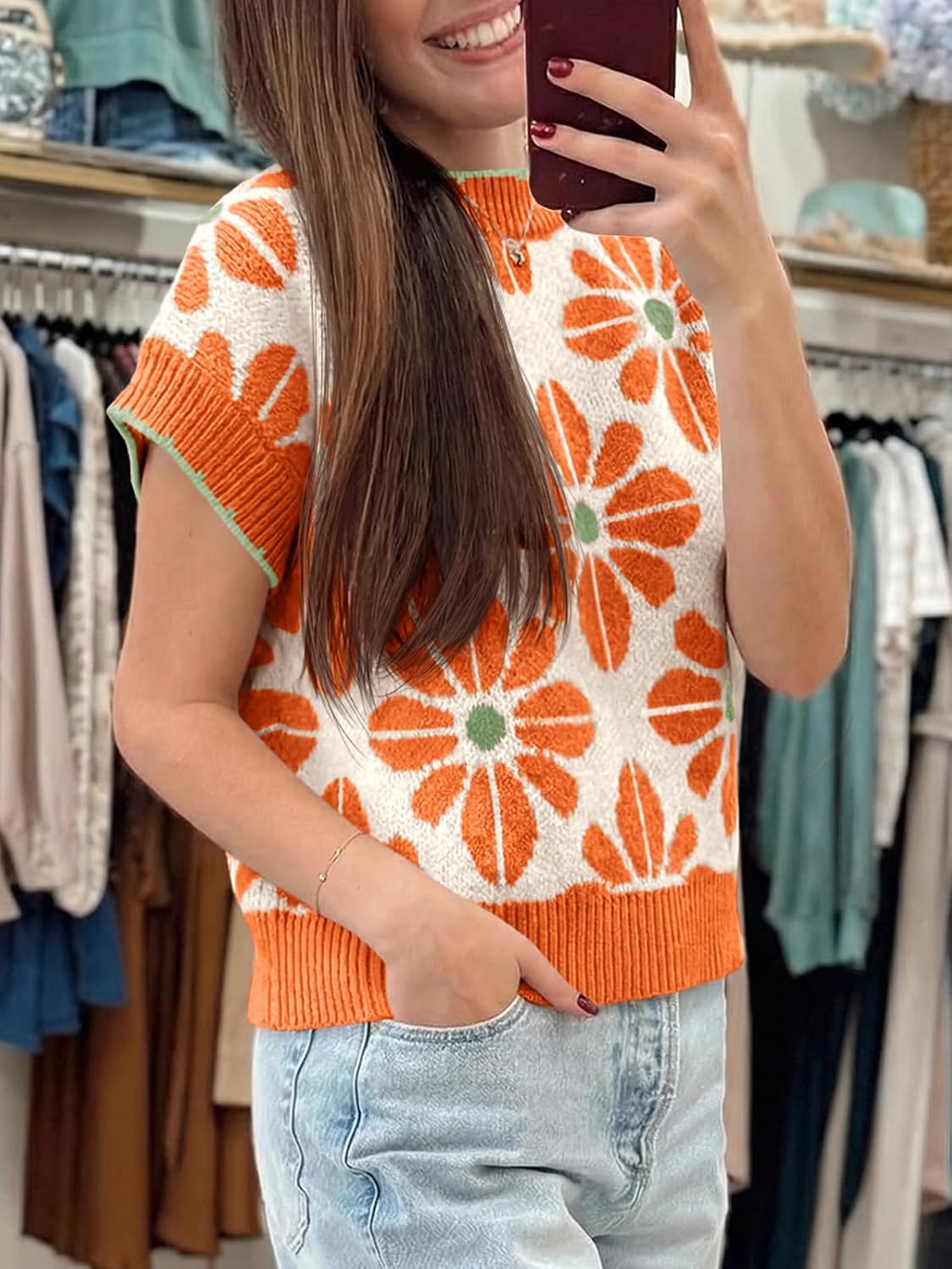 Saodimallsu Womens Floral Sweater Tops Short Sleeve Vintage Crew Neck Loose Knit Summer Pullover Sweaters