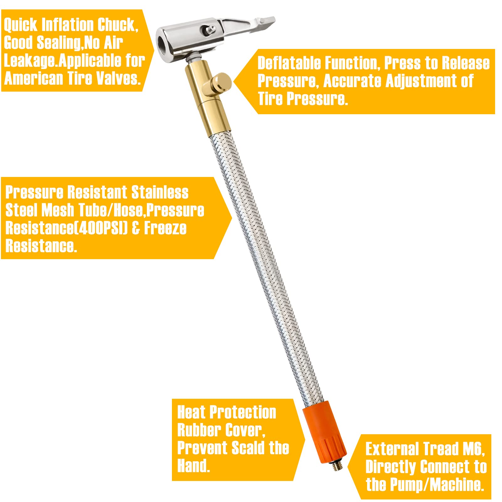 Brliantux M6 Locking Air Chuck with Air Hose,Standard Tire Valve Fine Thread, Stainless Steel Mesh Air Inflator Tube Adapter for All Battery-Integrated Air Pump (Deflatable Function, 30cm/11.81inch)