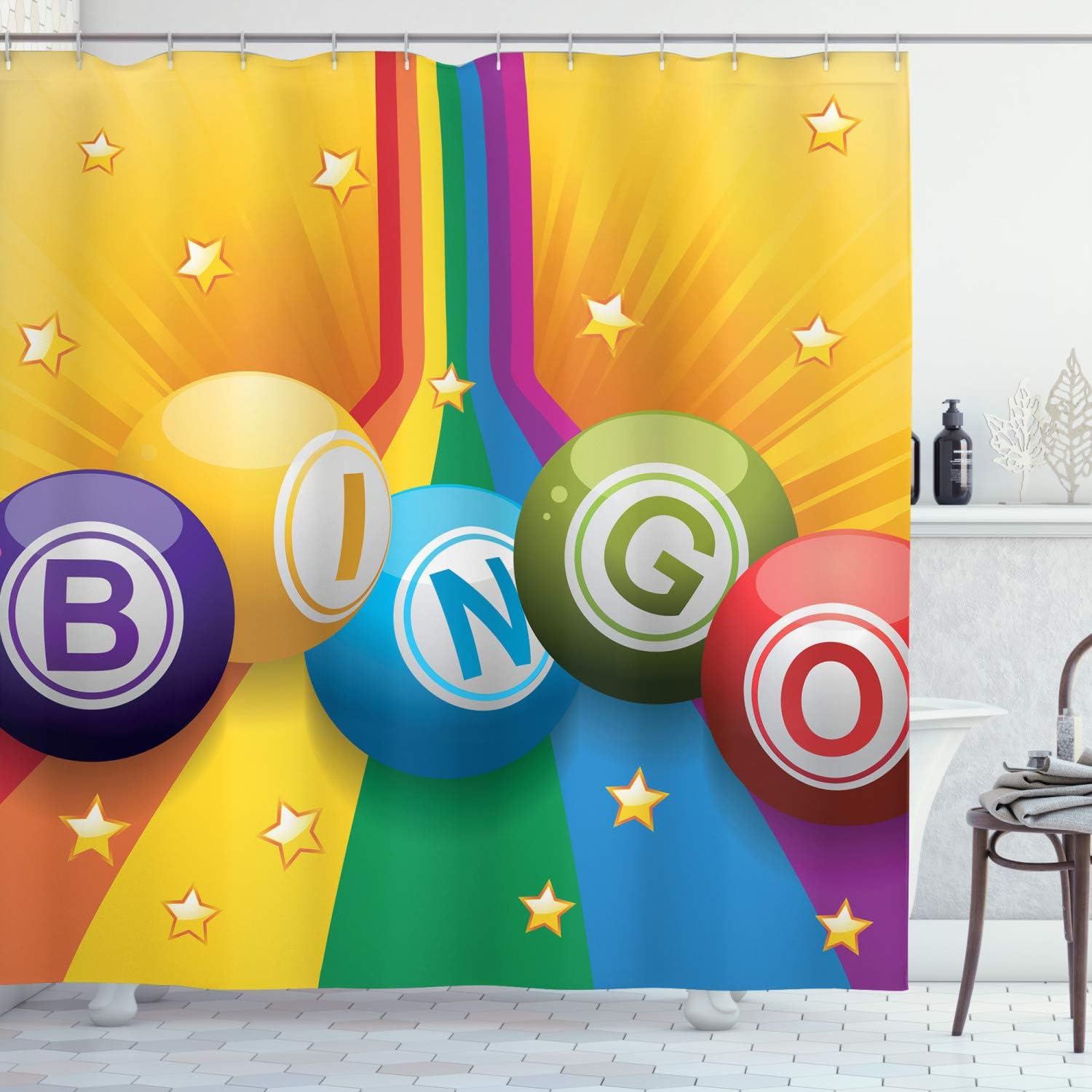 Ambesonne Bingo Shower Curtain, Colorful Bingo Balls on Rainbow Over Yellow Bursting Background Leisure Time Fun, Cloth Fabric Bathroom Decor Set with Hooks, 69" W x 70" L, Mustard Multicolor