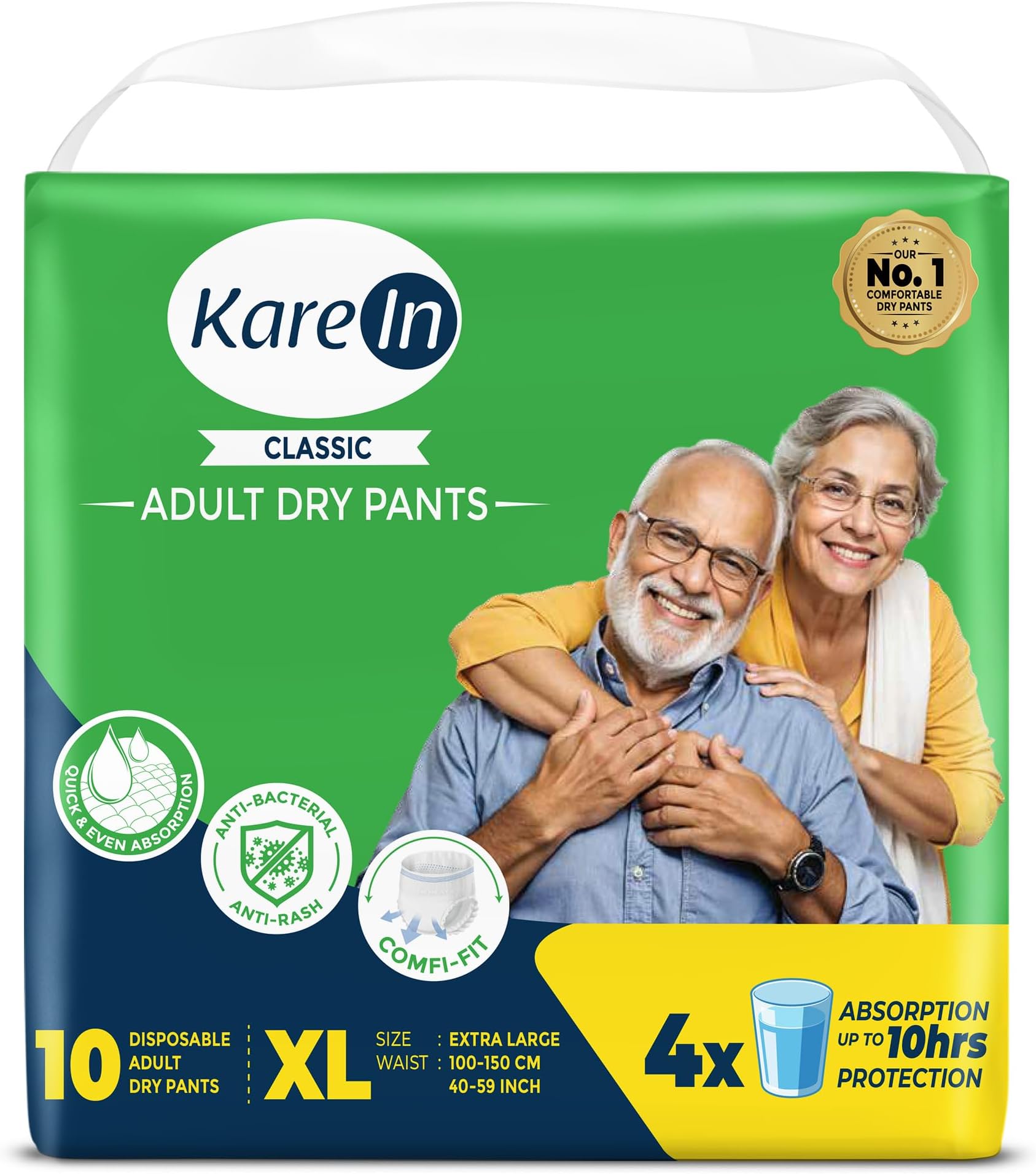 KareIn Classic Adult Diaper Pants, Extra Large 100-150 Cm (40"- 59"), 10 Count, Unisex, Leakproof, Elastic Waist, Wetness Indicator