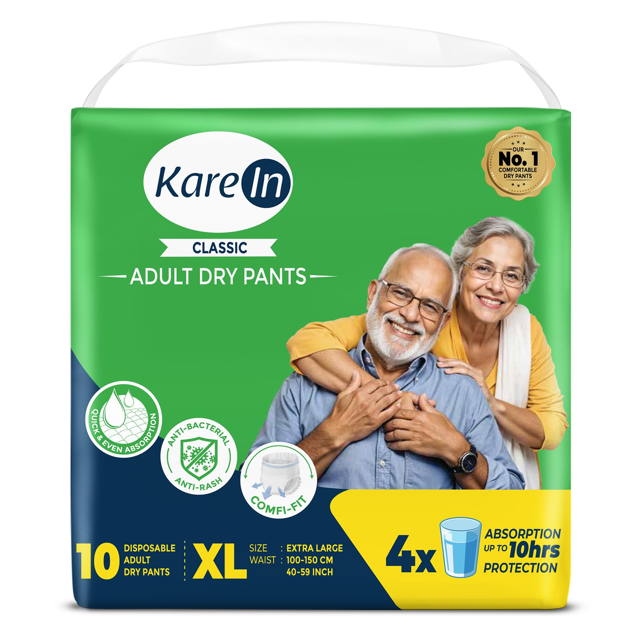 KareIn Classic Adult Diaper Pants, Extra Large 100-150 Cm (40"- 59"), 10 Count, Unisex, Leakproof, Elastic Waist, Wetness Indicator