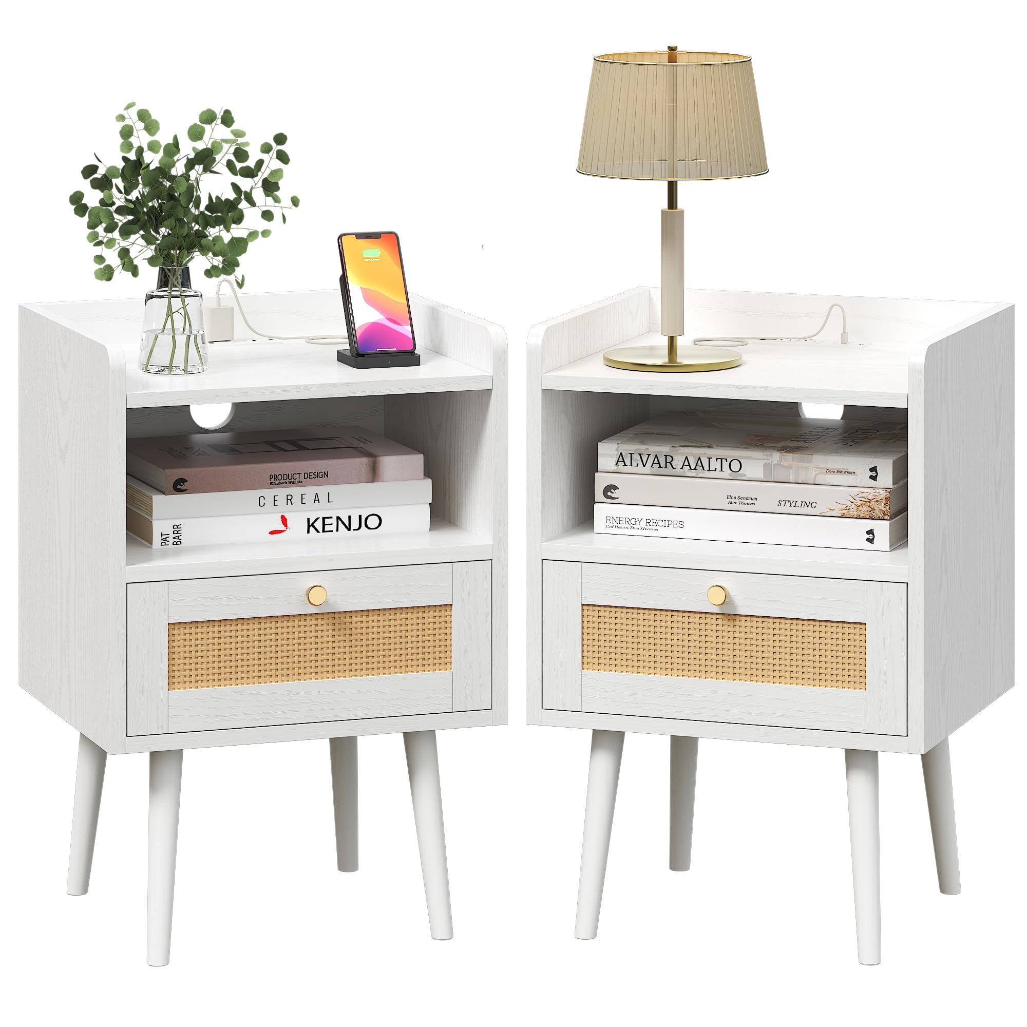 MECHYIN Night Stand Set 2, Nightstands Set of 2 with Charging Station, Rattan Side Tables with Solid Wood Legs, Boho Bedside End Table for Farmhouse
