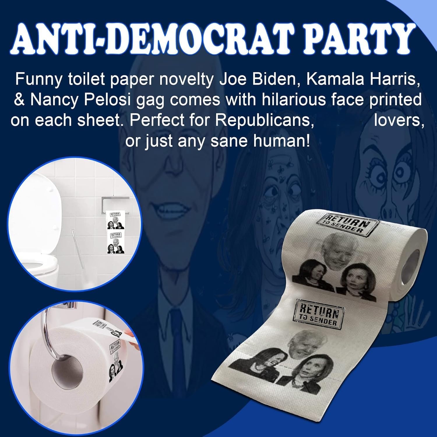 Pesky Patriot Anti-Democrat Party 2-Pack Toilet Paper Roll | Hilarious Facial Expression Anti Joe Biden, Kamala Harris, & Nancy Pelosi Roll | Funny Political Gift for Republicans or Democrats image 2