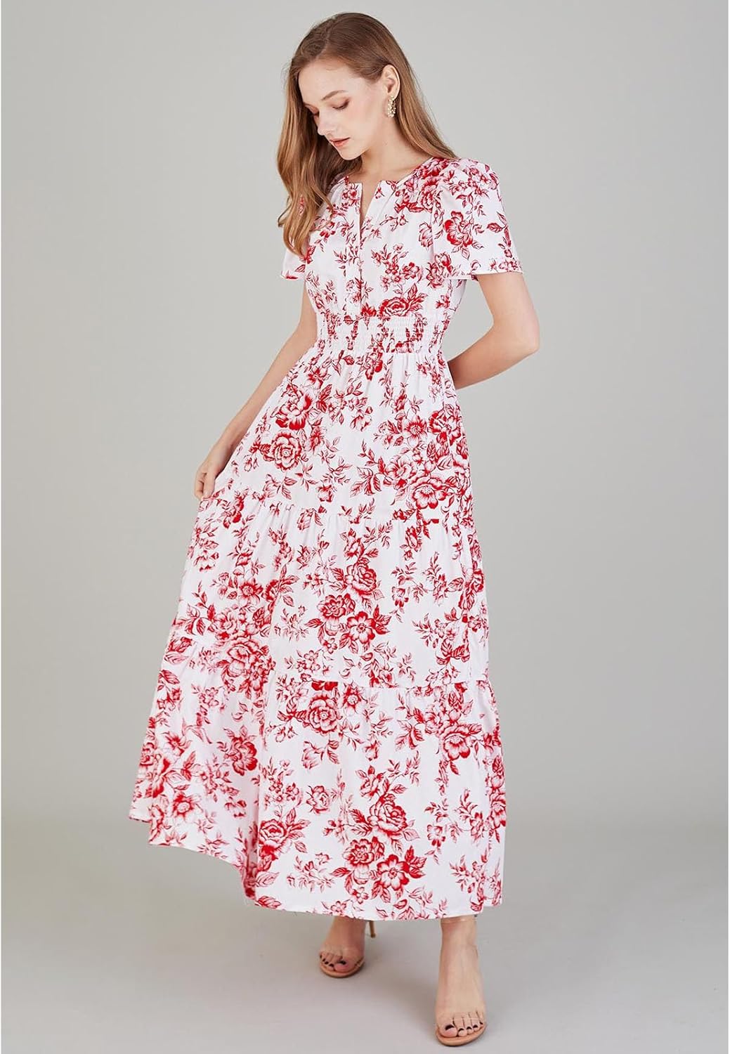 CHICWISH Women Short Bubble Sleeves Cotton Maxi Dress Flower Printed V Neck Elastic Waist Casual Red Long Summer Dresses - Image 7