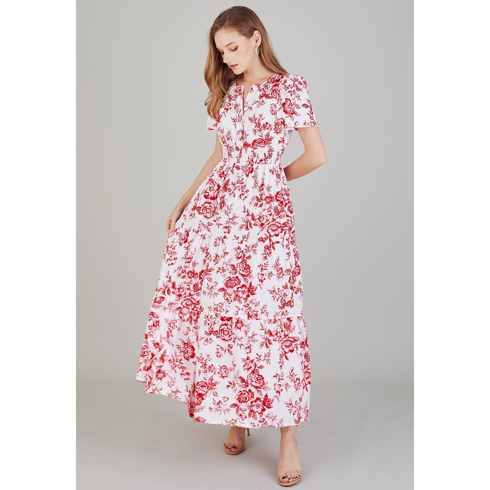 CHICWISH Maxi abito lungo da donna in cotone con maniche a bolla con stampa floreale scollo a V elastico in vita casual rosso abiti estivi lunghi