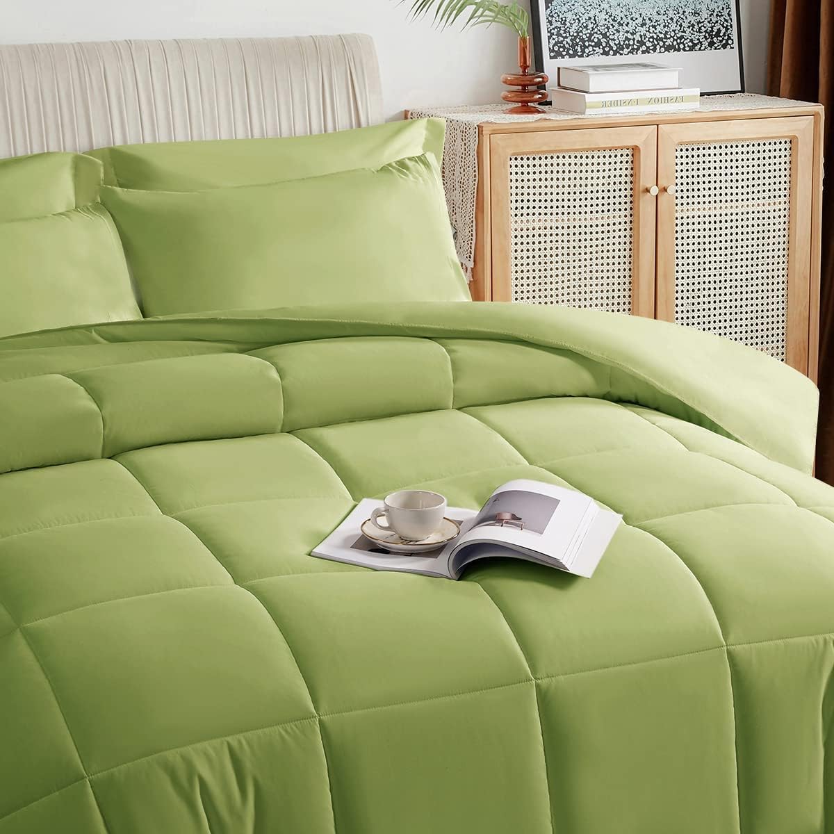 Mattress-Homes All Season Comforter Set 3 Piece King Size, 100% Soft Comfy Microfiber with 2 Pillow Shams, Down Alternative, Overheat Prevention, Lightweight for Bedding, Sage Solid