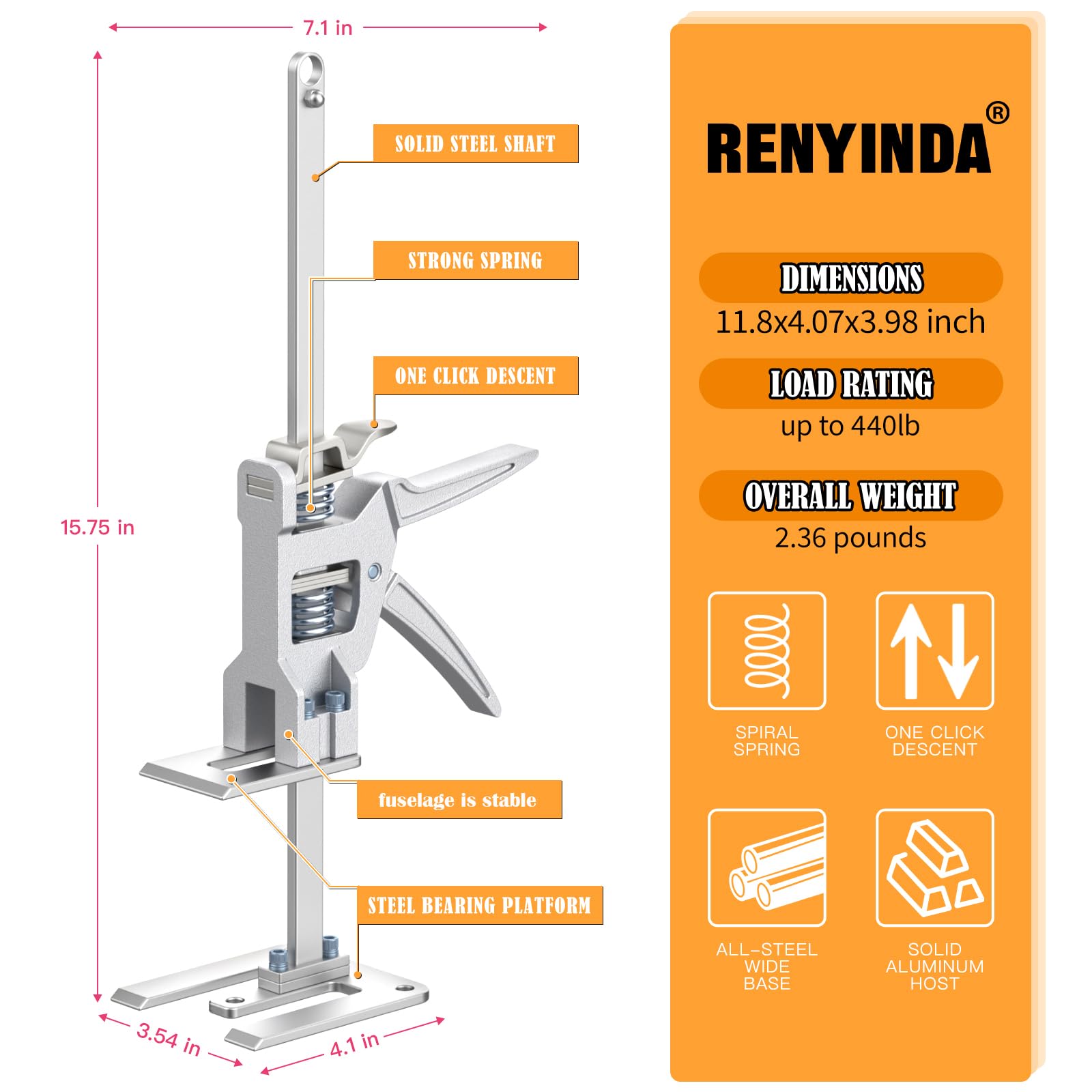 RENYINDA Oszczędność siły roboczej, podnośnik, 39 cm, 199 kg, korpus ze stopu aluminium do montażu okien i drzwi, podnoszenia mebli, narzędzi do obróbki drewna, pozycjonowania płytek ściennych