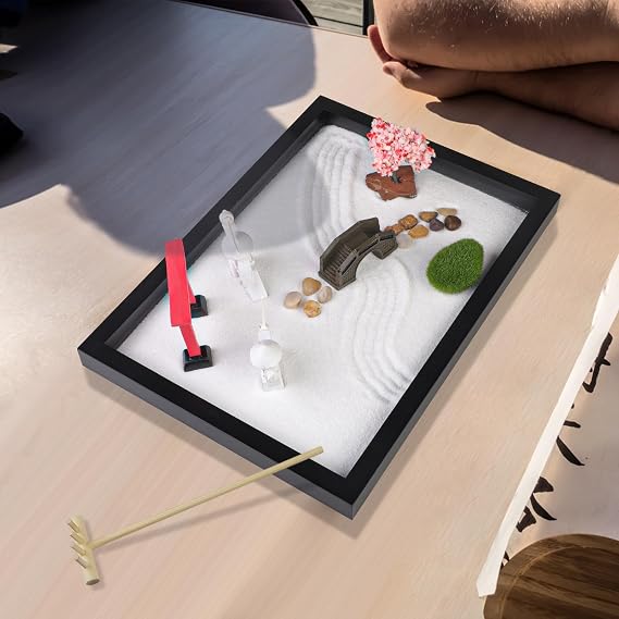 Japanese Zen Garden for Desk - Sakura Tree Samurai 12 x 8 Desktop Mini Zen Garden with White Sand Artificial Bonsai Tree Rocks Rakes & Accessories - Meditation Zen Gifts Office Decor