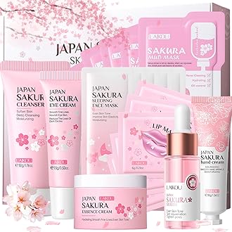 Sakura Skin Care Sets & Kits, Girls Pamper Set, Face Care Sets For Women, 20PCS Teenage Girls Gifts - Cleanser, Serum, Eye Cream, Face Cream, Hand Cream, Sleeping Mask, Mud Mask - Japanese Skincare