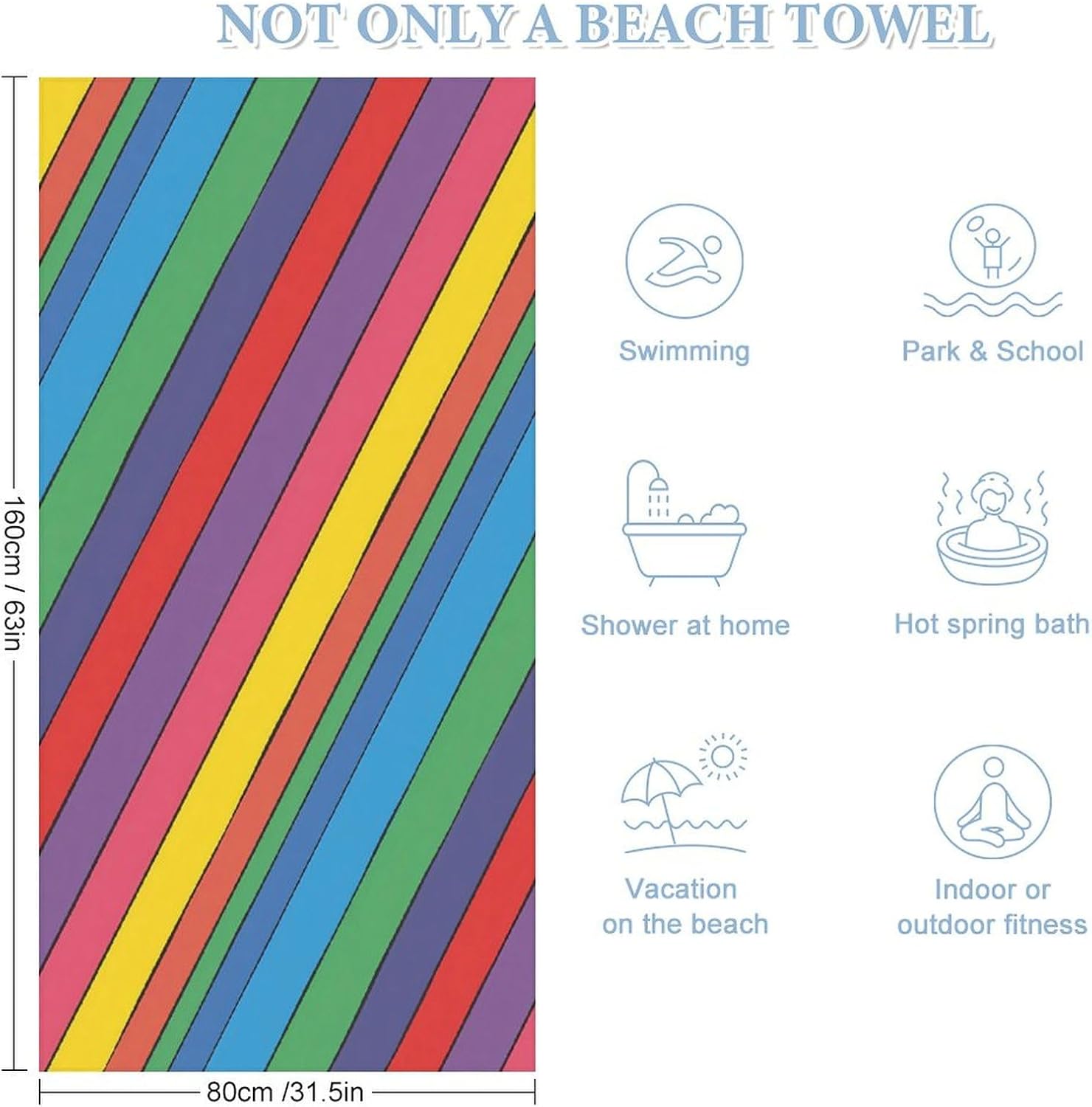 Rainbow Print Bath Towel Beach Towels Quick Dry Oversized Bath Blanket Highly Absorbent Towel for Women Men 160x80cm
