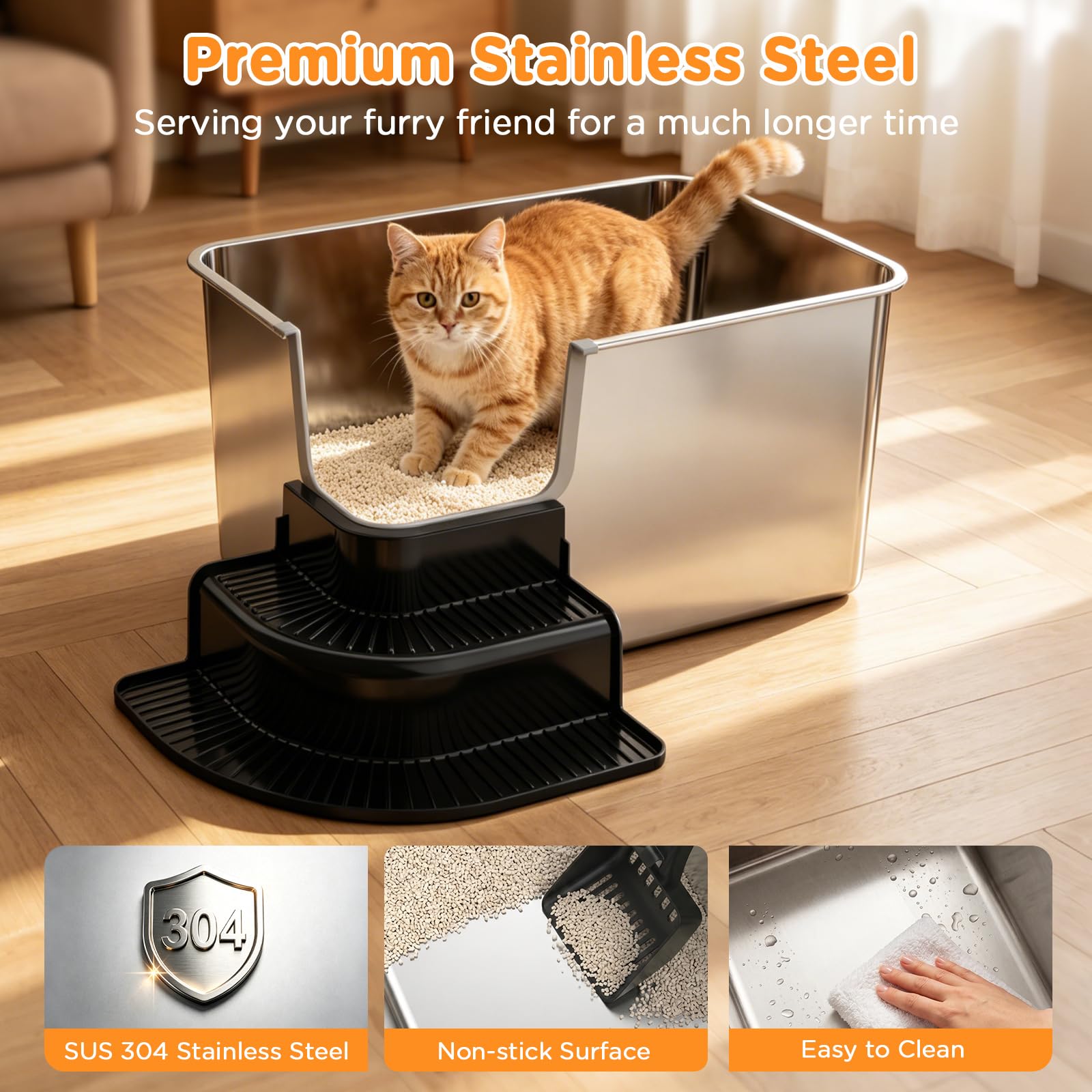 57,7 x 36,6 x 30 cm Edelstahl-Katzentoilette, auslaufsicher, 30 cm, Metallhohe Seiten, Katzentoilette für Urin und Streu, für Kätzchen, ältere Katzen, antihaftbeschichtet, rutschfest, keine Gerüche