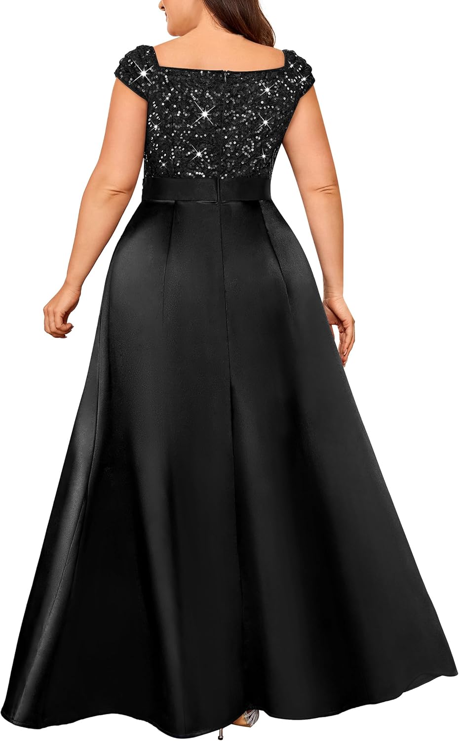 MISSMAY Women's Plus Size Sequin Lace Off Shoulder Satin Slit Formal Evening Party Maxi Dress - Image 2