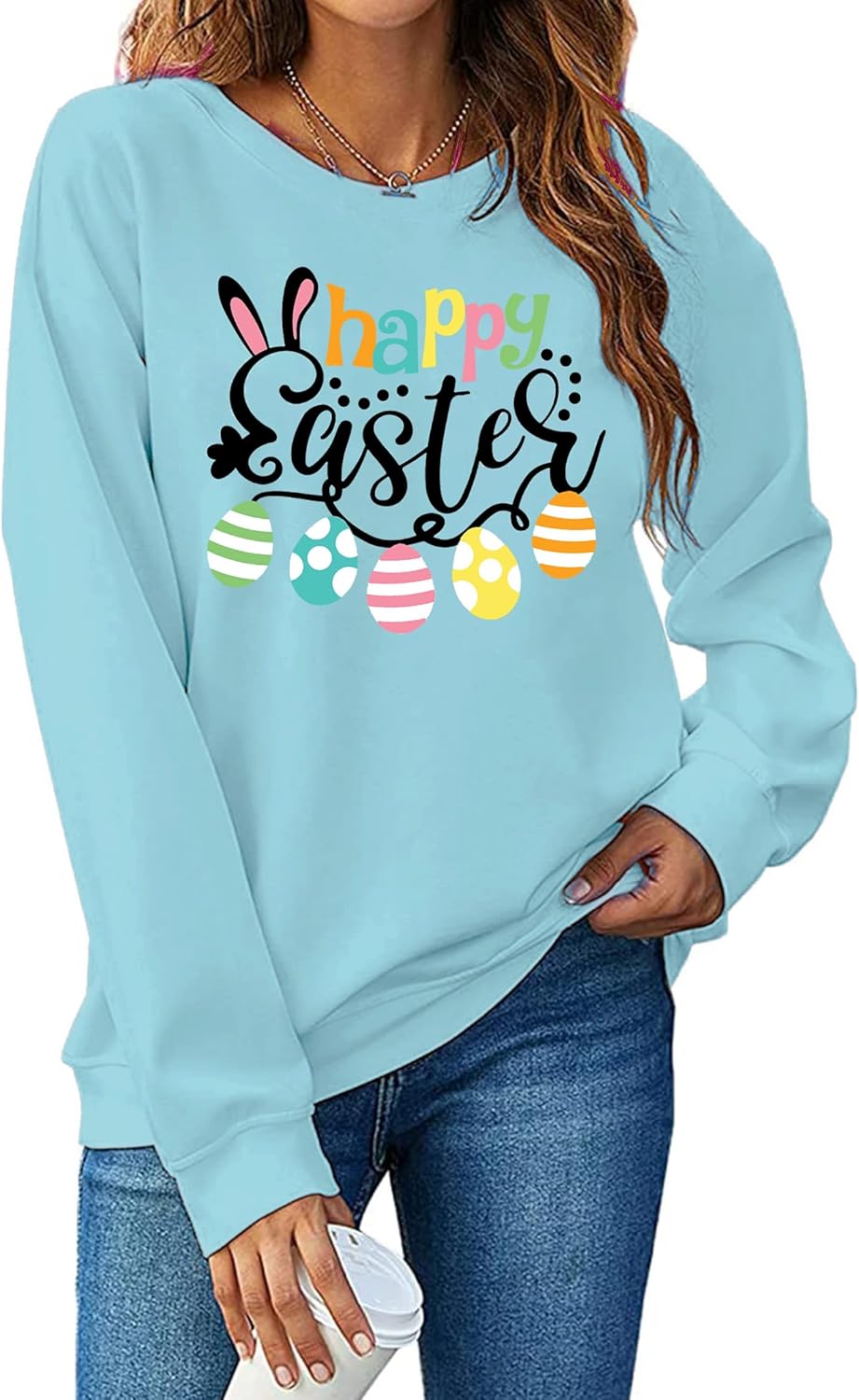 hohololo Women Happy Easter Sweatshirt Bunny Rabbit Graphic Shirt Cute Letter Printed Long Sleeve Pullover