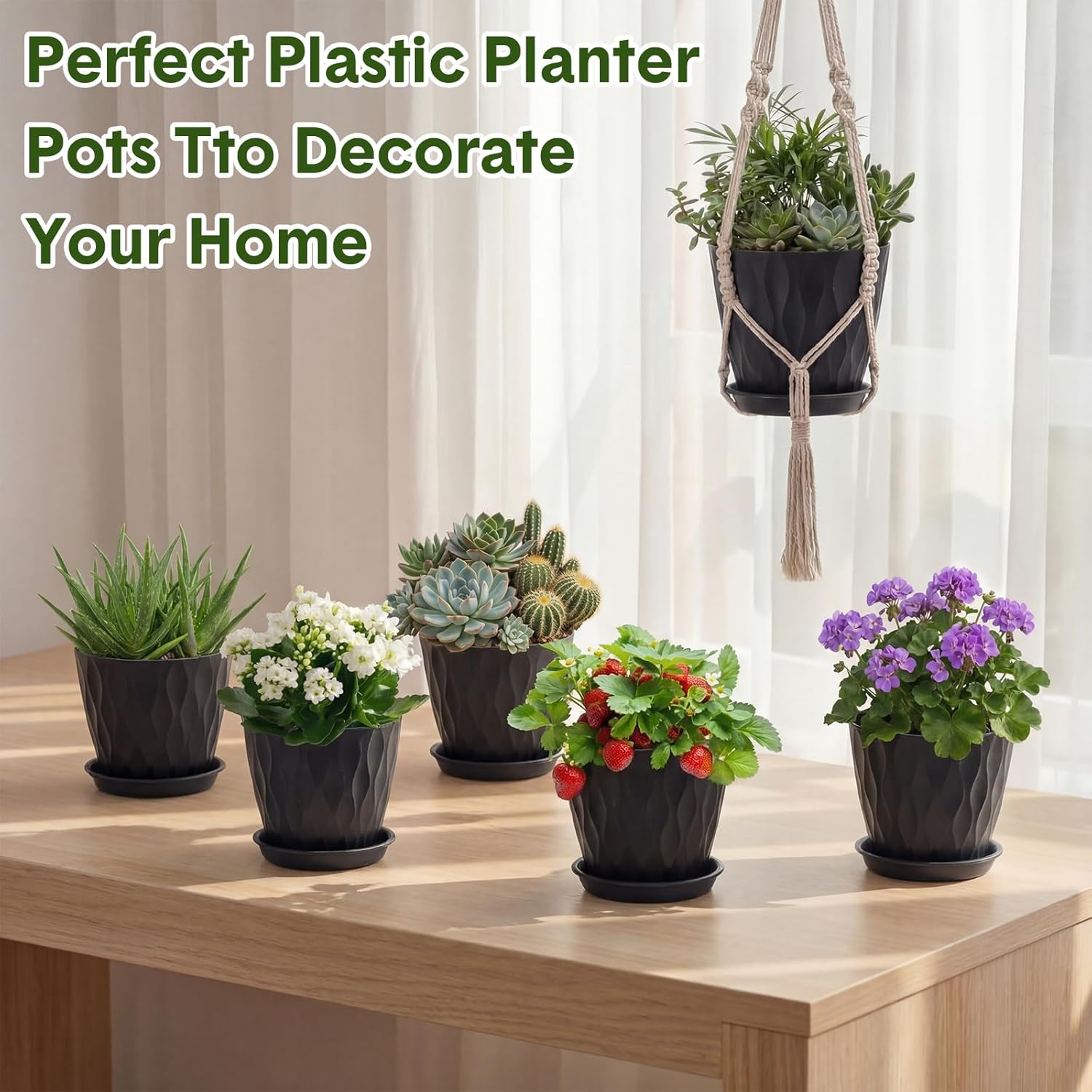 24 Pack 4 Inch Plant Pots Bulk Small Pots for Succulents Waffle Texture Plastic Planter with Drainage Holes and Saucers for Indoor Outdoor Plants Flowers, Seedlings (Black)