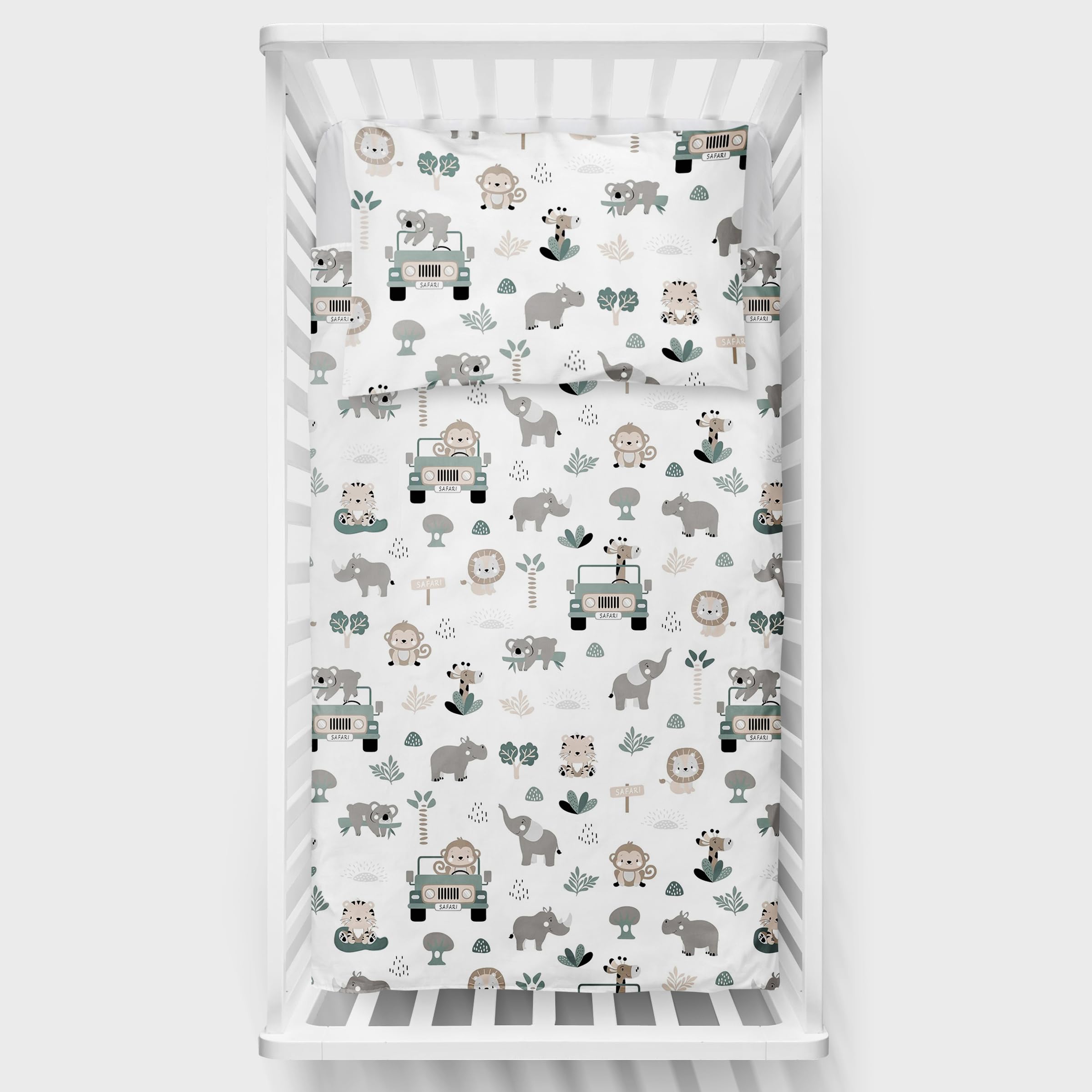 2 Piece Baby Kids Bedding Set 120x90 cm Duvet Cover & Pillowcase for Toddler Cot 12M+ (Safari Cars)