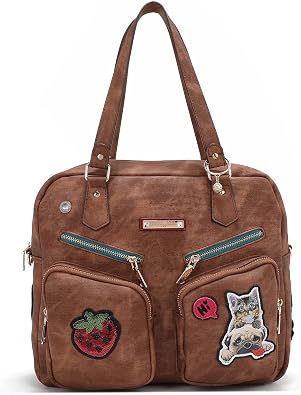 Nicole Lee Multi Patch Zipper Handbag, Medium Vegan Leather with Cotton Denim Look, Strawberry Sequin, Cat, Dog Patches BROWN