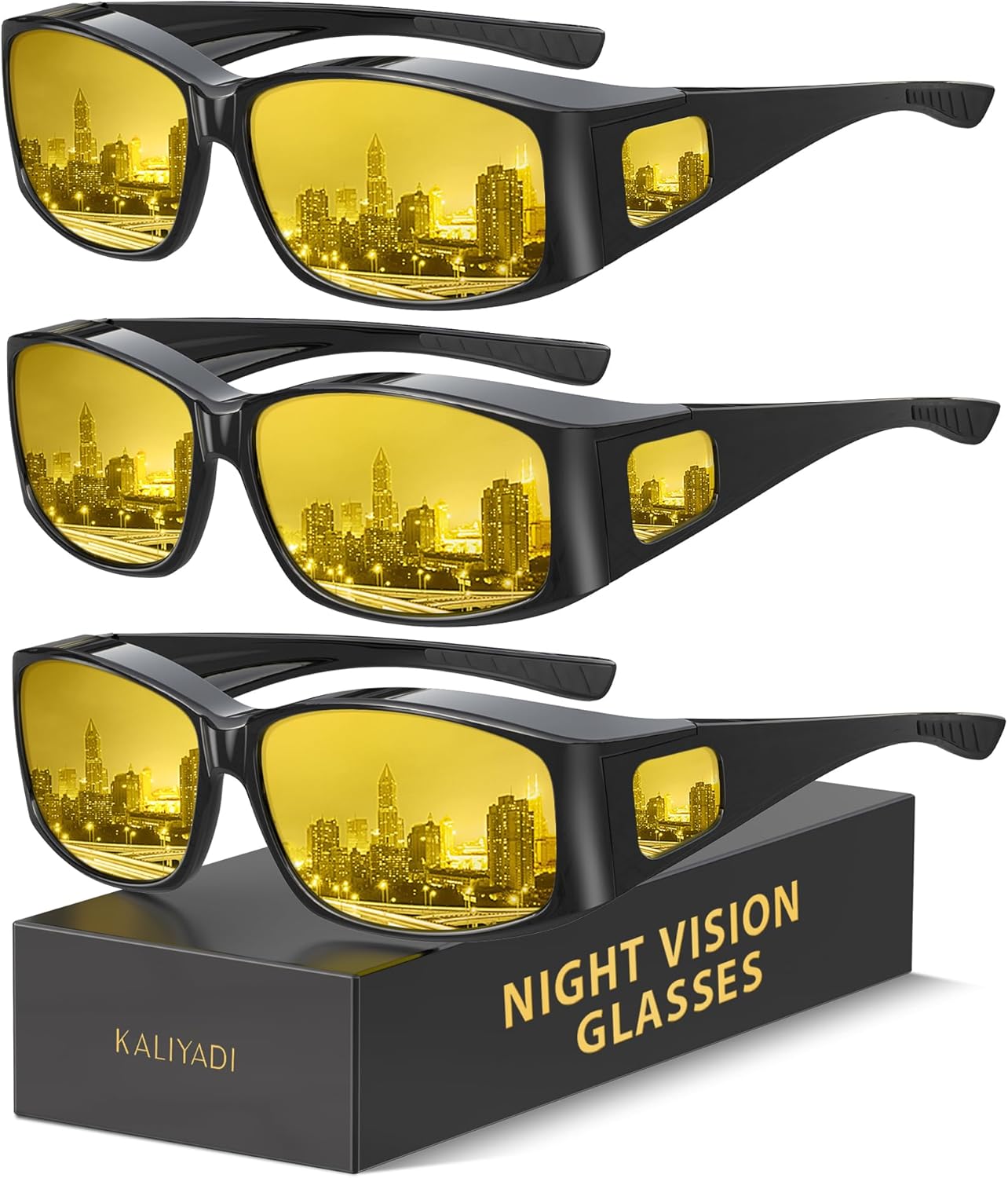KALIYADI Fit-Over Night-Vision-Glasses for Women: Striped Anti Glare Night Driving Glasses for Men High Definition Lens