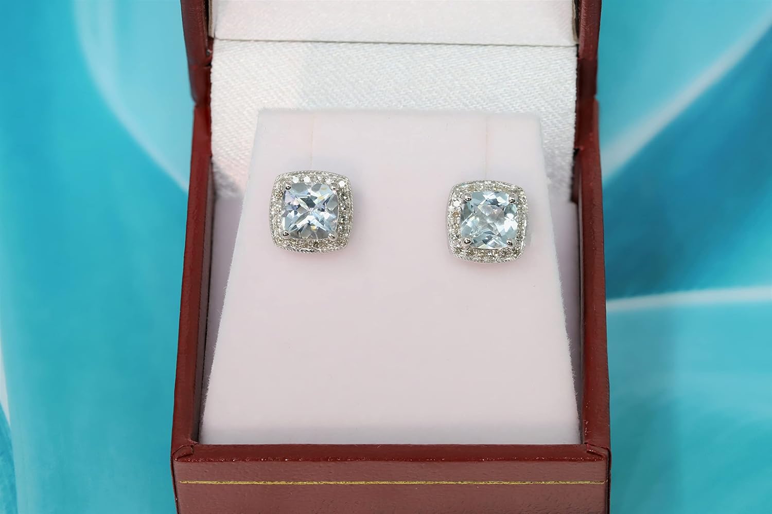14K White Gold Genuine Aquamarine 6mm Cushion Diamond Stud Earrings - Image 3