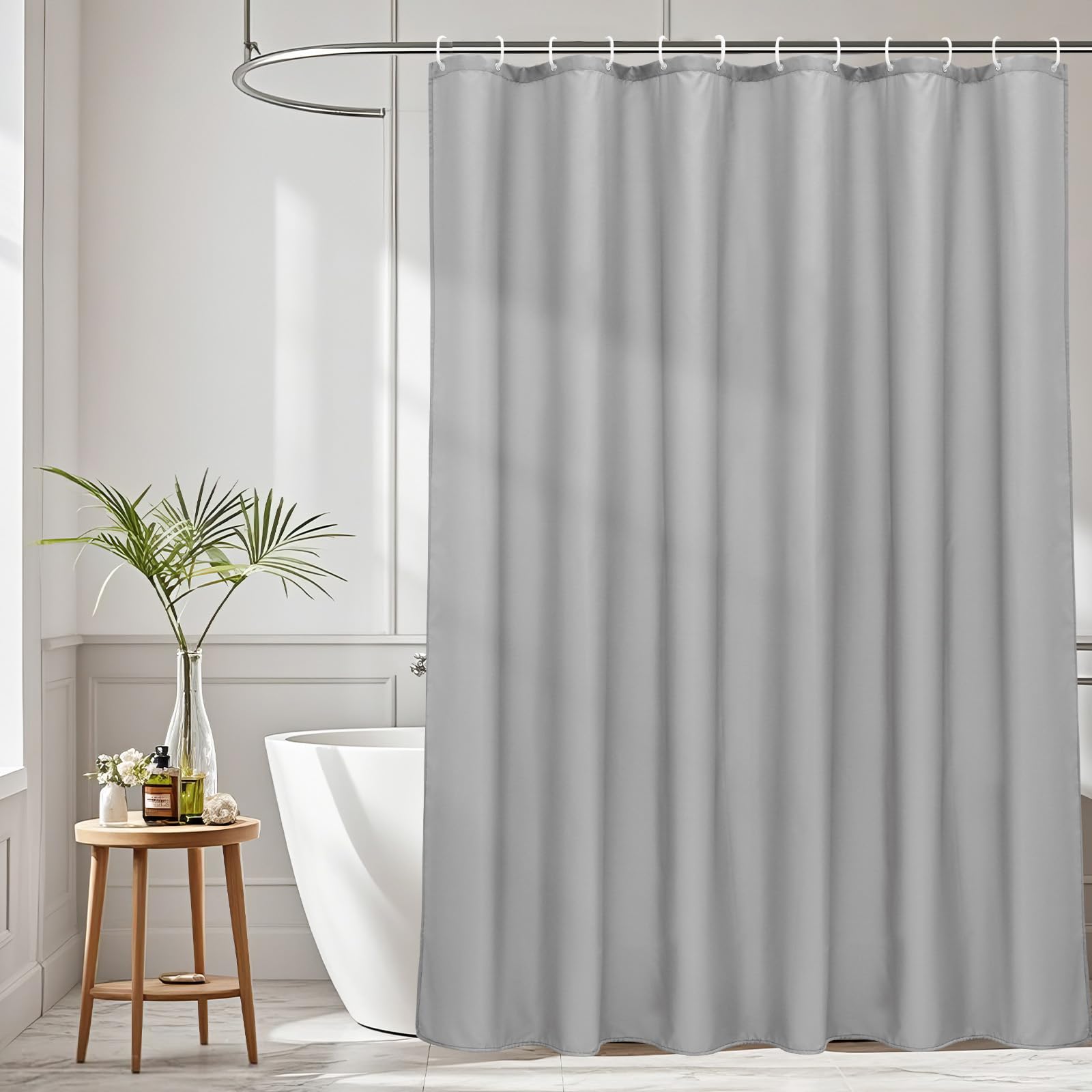 AooHome Hotel Shower Curtain Liner, Fabric Light Grey Shower Curtain with Hooks, Waterproof, 72 x 72 Inch