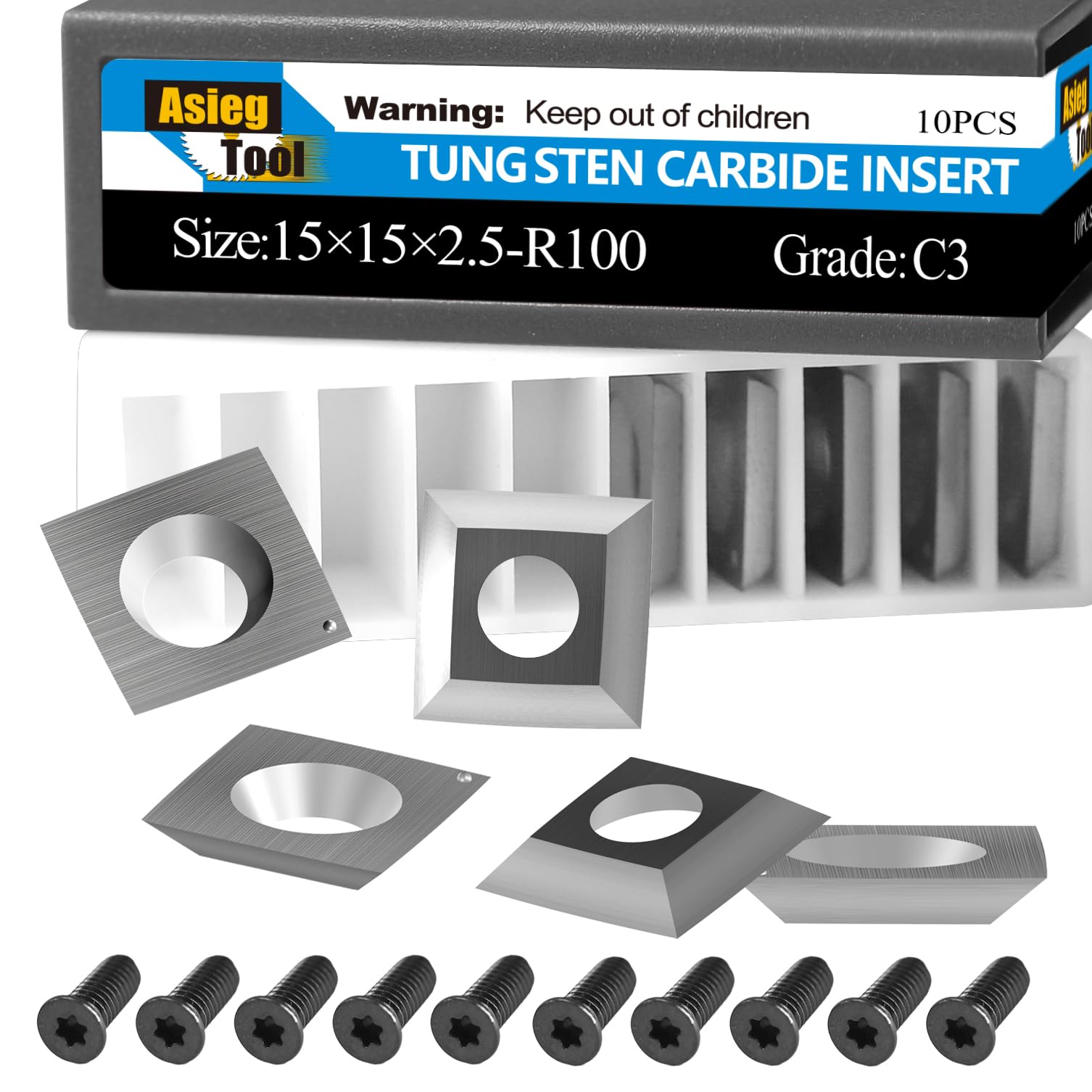Asieg Tool 15x15x2.5mm-R100 Tungsten Carbide Cutter Inserts Knives Blade with 4" Face Radius fit for Woodworking Helical Planer Head DIY Wood Lathe Turning Rougher Tools 10pcs
