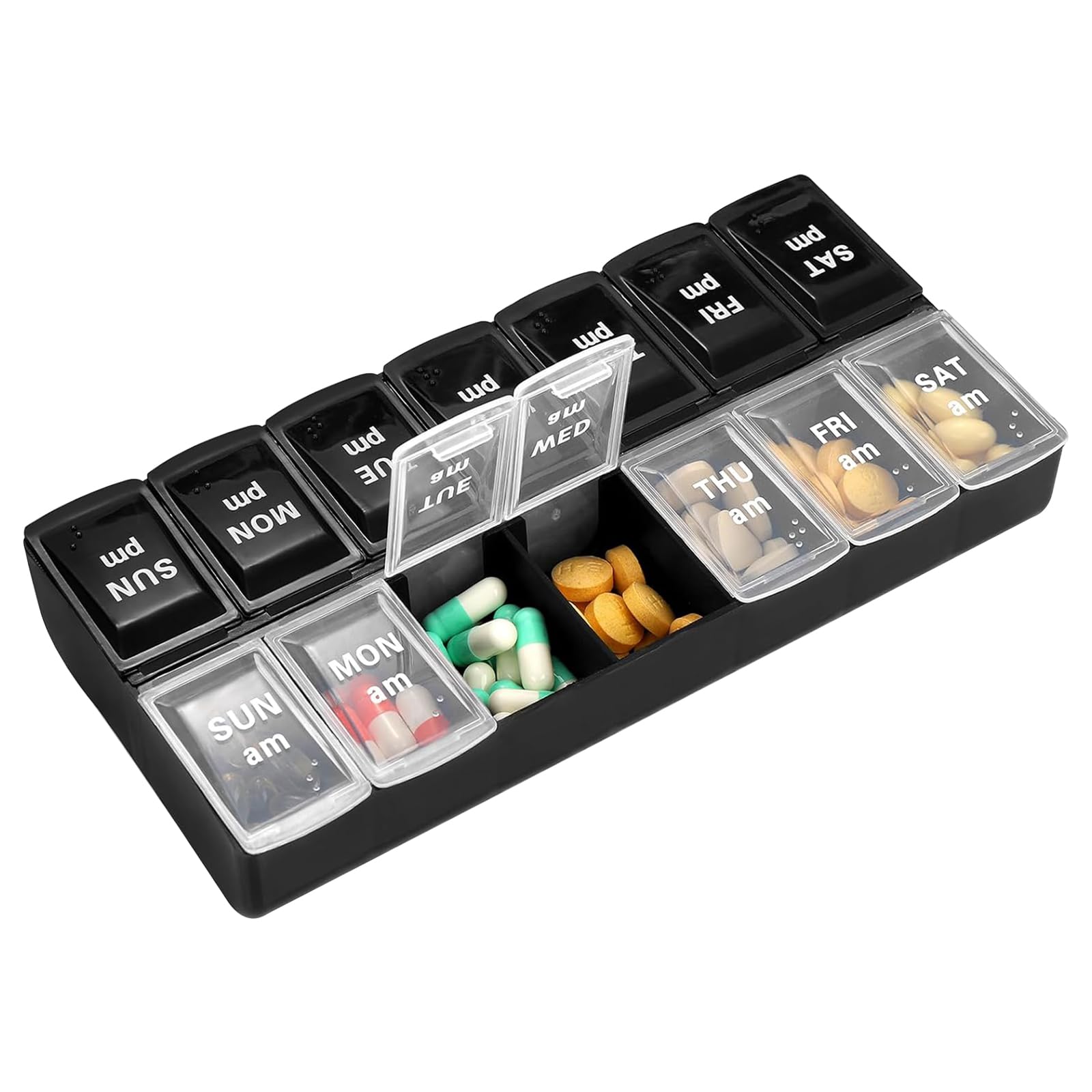 Pill Boxes 7 Day 2 Times A Day, Easy Fill Push Button Weekly Pill Box Am Pm Pill Dispenser Tablet Organiser Daily Pill Case for Vitamin, Fish Oil, Supplements