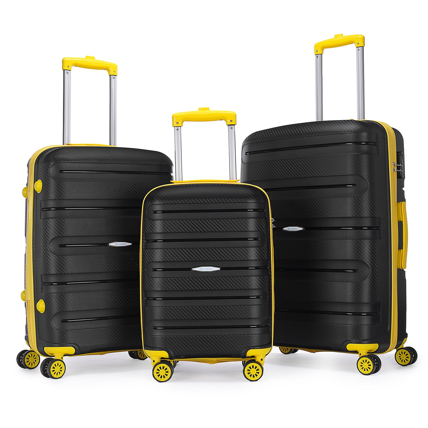 WextaVoyager Trilogy Luggage Set - 3-Piece Hardshell Suitcases with 360 Spinner Wheels - Lightweight, Expandable in Red, Yellow, Blue, Purple, Green, Gold, Black (Black (Yellow Stripe) Set)