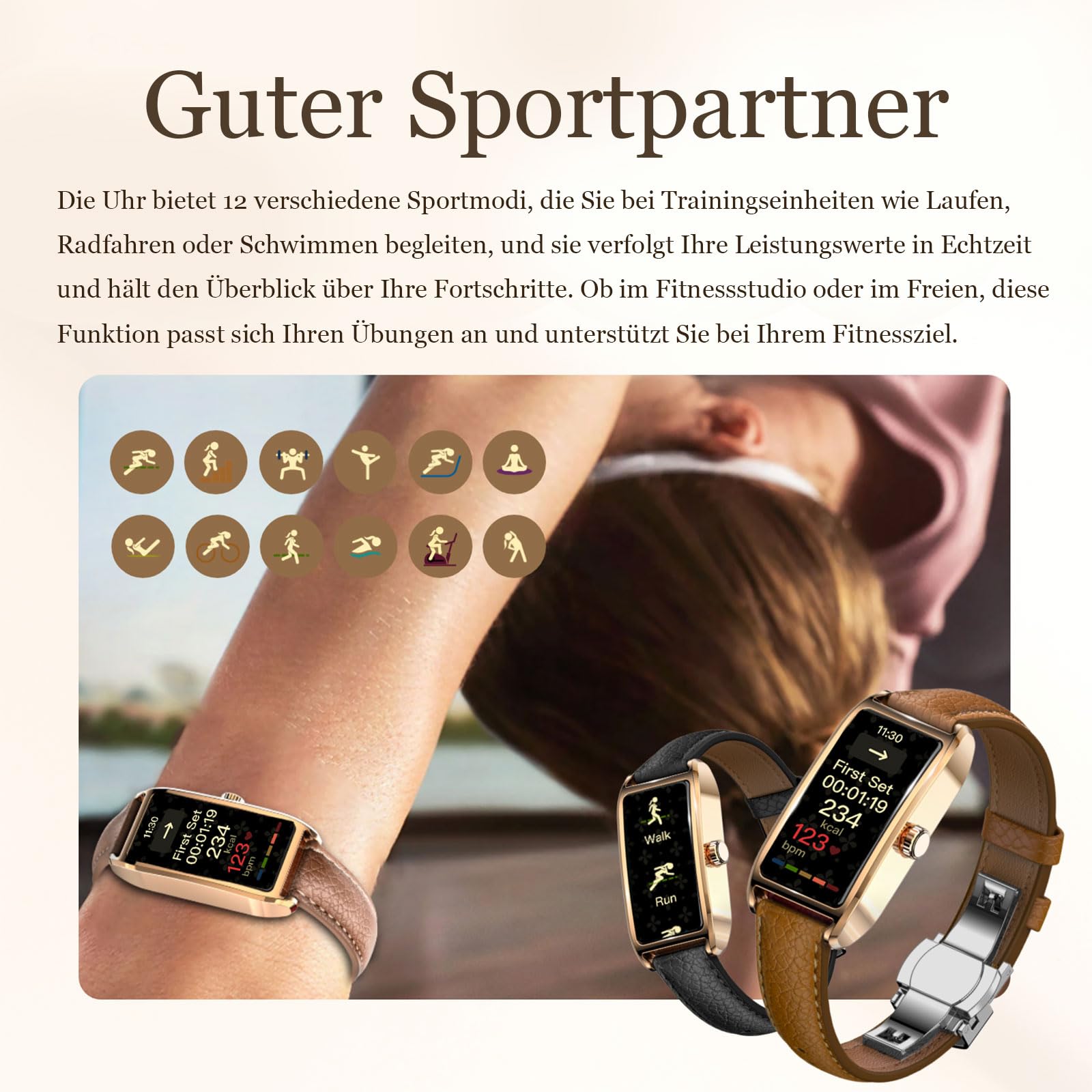 Fitness Tracker Damen Elegant Schwarz Gold Smartwatch Aktivitätstracker Pulsuhr Sportuhr mit Herzfrequenz Schlafmonitor Schrittzähler