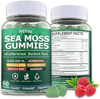 Irish Sea Moss 3000mg Gummies with Bladderwrack, Burdock Root & Manuka Honey - Immune, Thyroid & Detox Support - Seamoss Supplement, Extra Strength - Sugar Free & Vegan (60 Count, Raspberry)