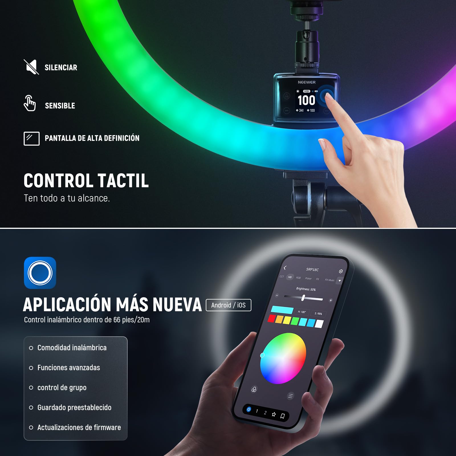 NEEWER SRP18C - Juego de Luces LED RGB ultradelgadas con Control de aplicación con Soporte de luz Reversible, Soporte para teléfono, rótula, 2500 K – 10000 K, CRI 95+/TLCI 97, 3700Lux/0,5 m, 18