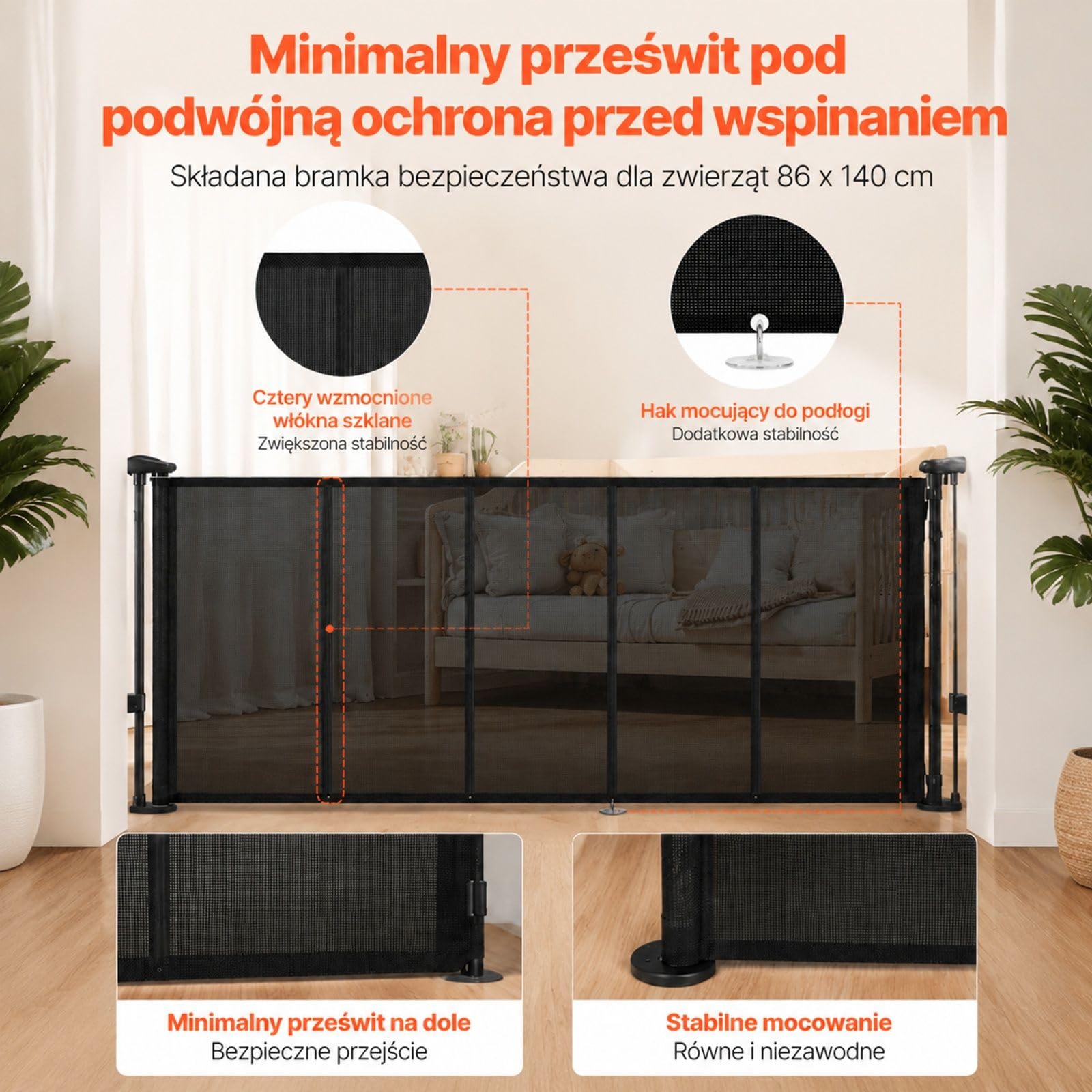 Rozkładana czarna bramka z siatki i ramą z włókna szklanego do drzwi, schodów, korytarzy oraz dla zwierząt