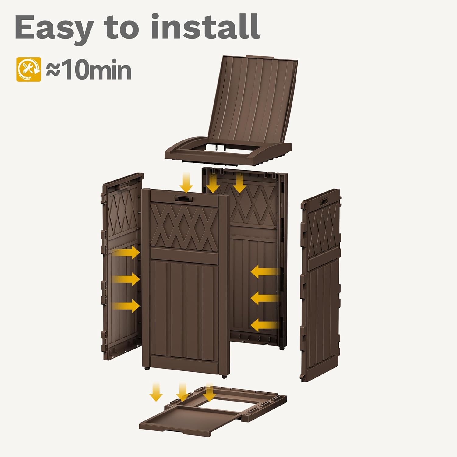 DWVO 33 Gallon Outdoor Trash Can with Tiered Lid and Drip Tray, Waterproof Resin Garbage Can for Patio, Kitchen, Deck and Backyard - Brown