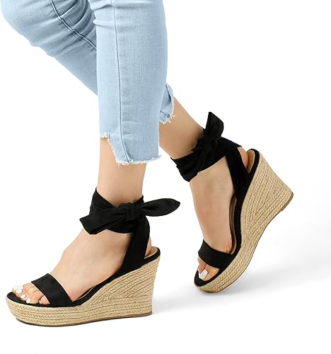 Miniatura 2 de DREAM PAIRS Alpargatas de punta abierta para mujer, con cordones, con correa de tobillo, sandalias de plataforma, zapatos elegantes