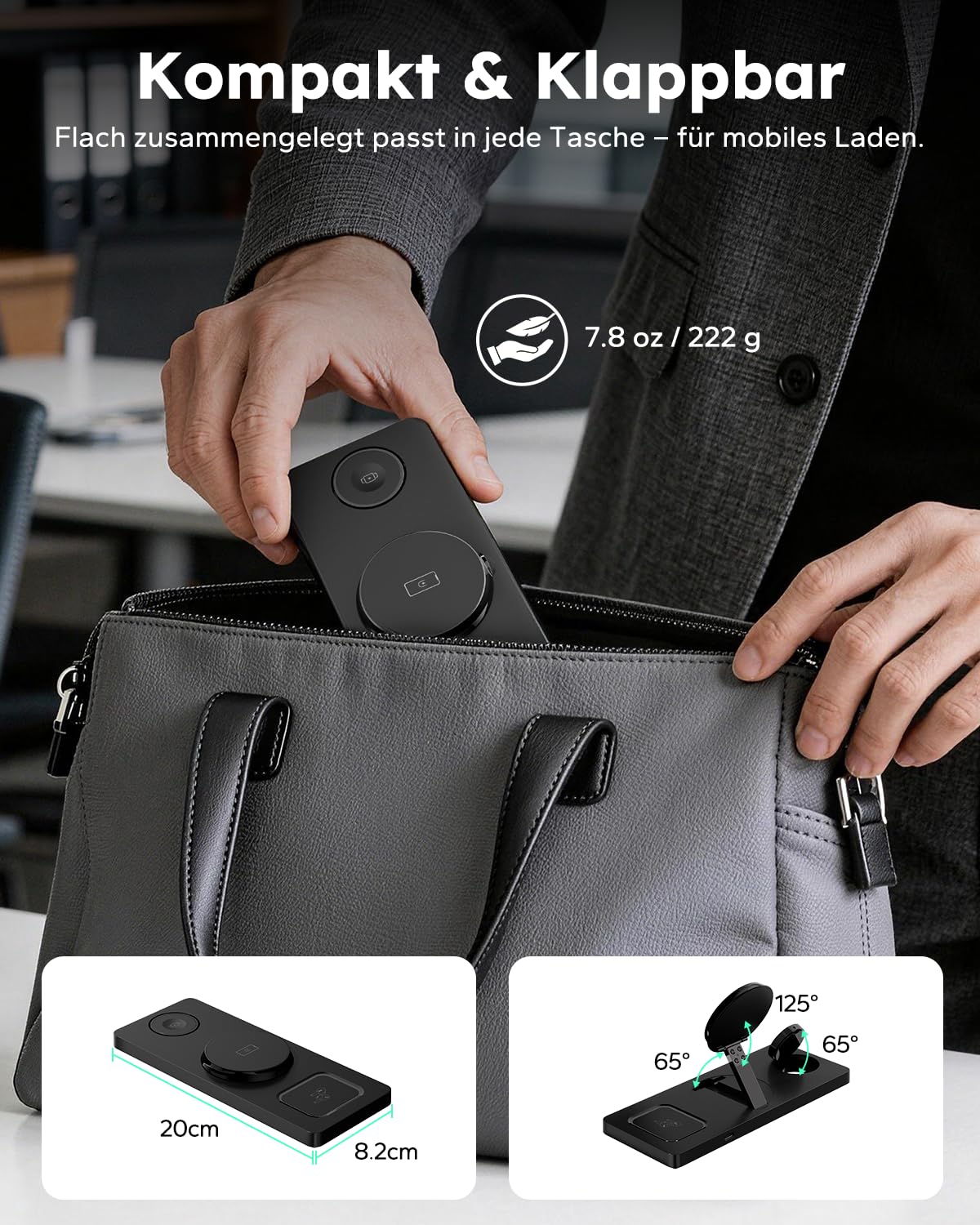 3 in 1 MagSafe Ladestation iPhone Apple Watch, Faltbar Induktive Ladestation Kompatibel mit MagSafe Ladegerät für iPhone 17/16/15/14/13/12, Apple Watch & AirPods (inkl. 20W Adapter) - Schwarz