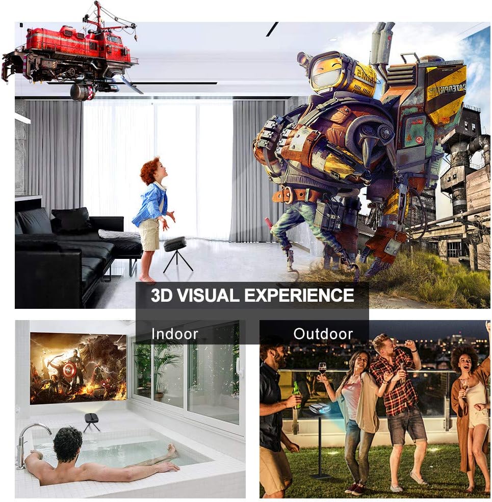 Collage showing various 3D visual experiences, including a child looking at a large robot, an indoor home theater setup, and an outdoor gathering with a projected movie.