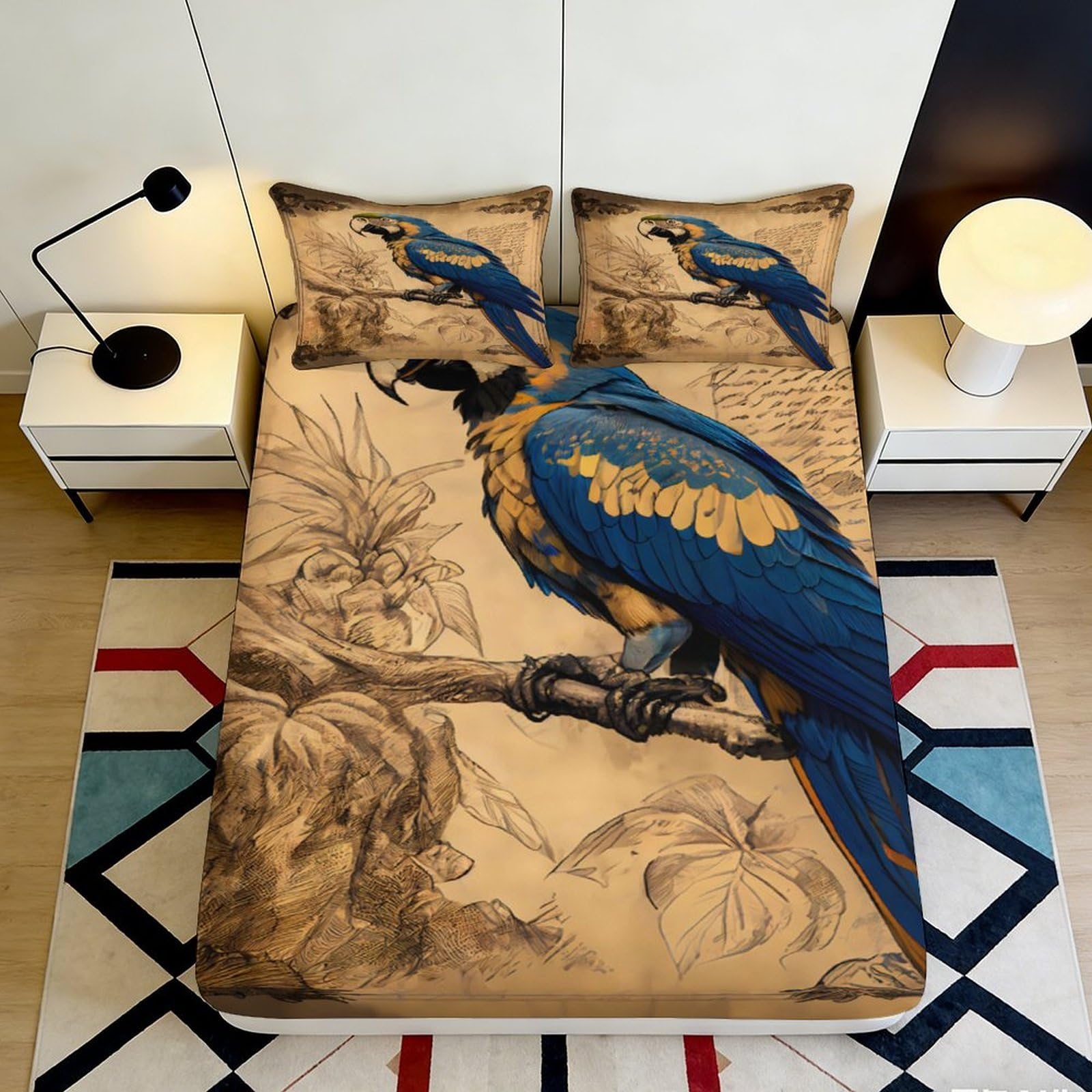 3D Printed Blue Yellow Parrot Fitted Sheet Microfiber Soft Breathable Tropical Jungle Bed Cover for Bedroom Decor 180x200x25cm