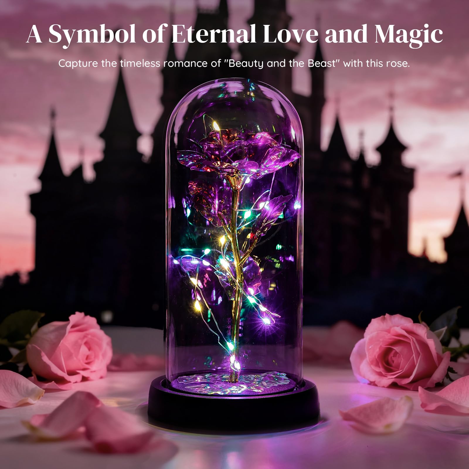 Glasseam La Bella Y La Bestia Rose En Cúpula De Cristal Luces LED Crystal Rose Flowers Regalo para Cumpleaños Aniversario San Valentín Boda Novia Esposa Mujeres
