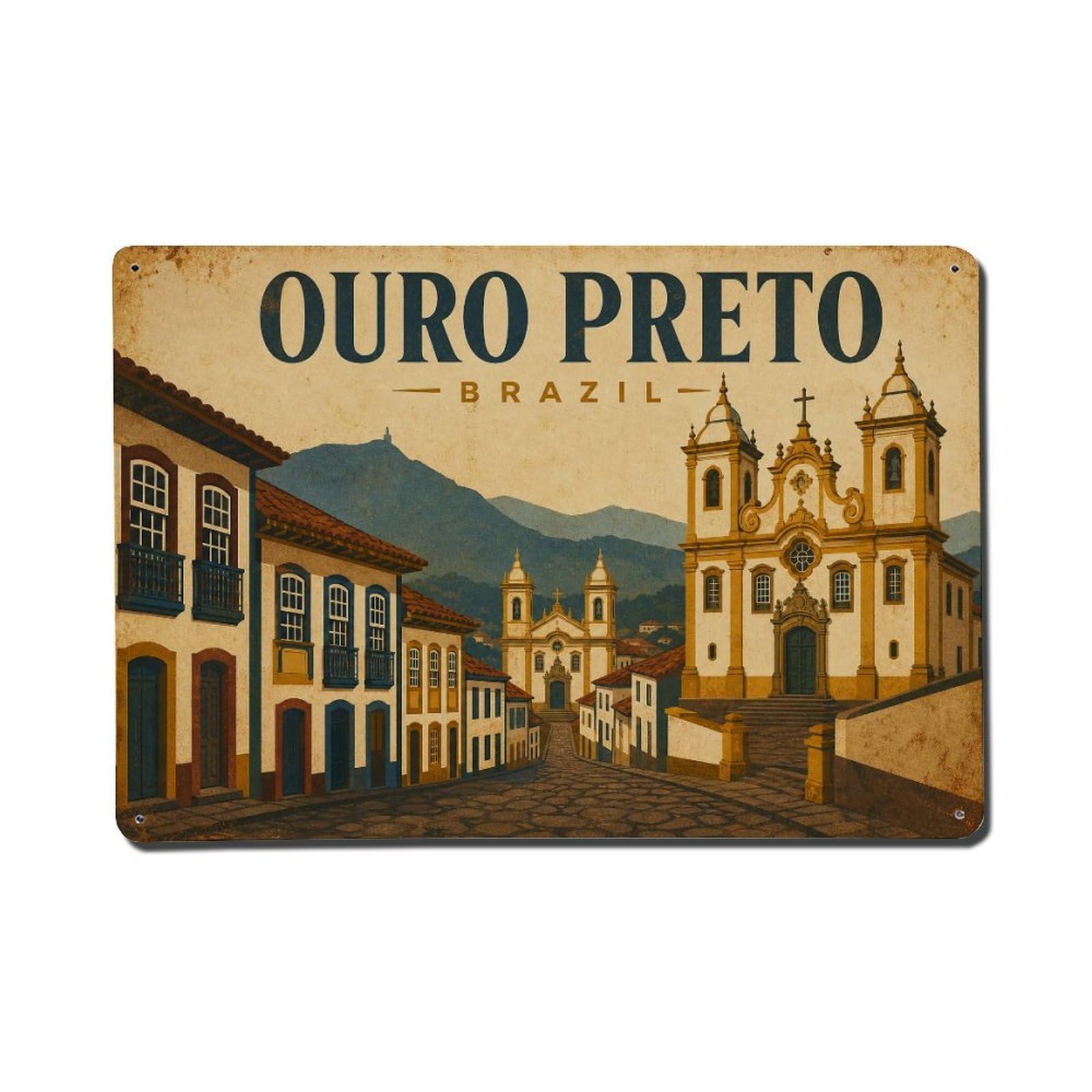 Vintage Travel Brazil Ouro Preto Metal Tin Sign