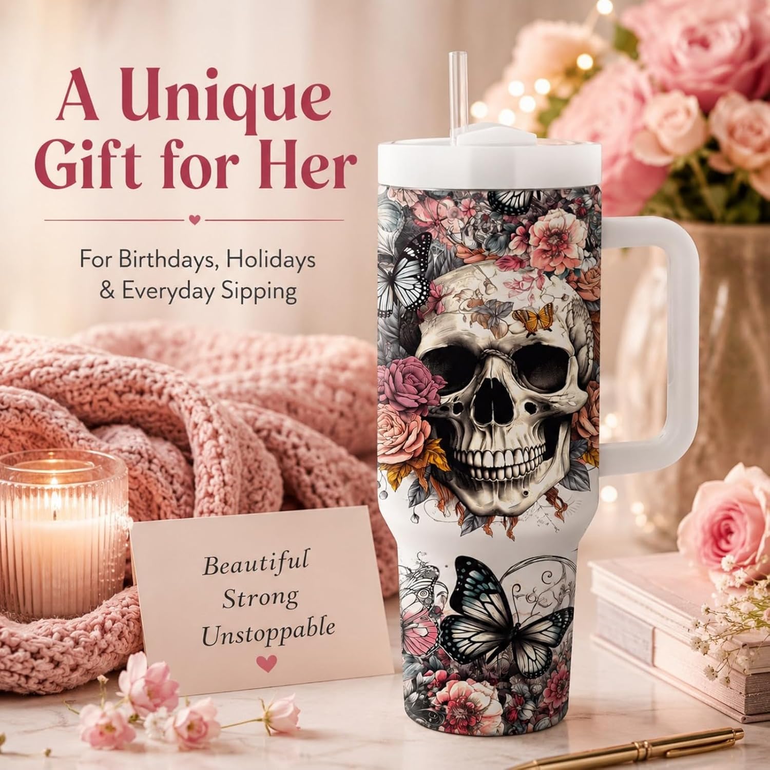 Gothic Skull Floral 40oz Tumbler with Handle, Halloween Cup for Women image 2