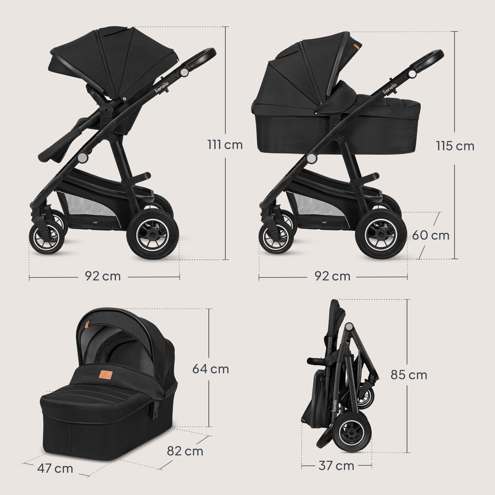 LIONELO BIANKA Kinderwagen 3 in 1 bis 22 kg Babywanne Autositz Reise-System Zusammenlegbar Stoßdämpfer Verdeck XXL