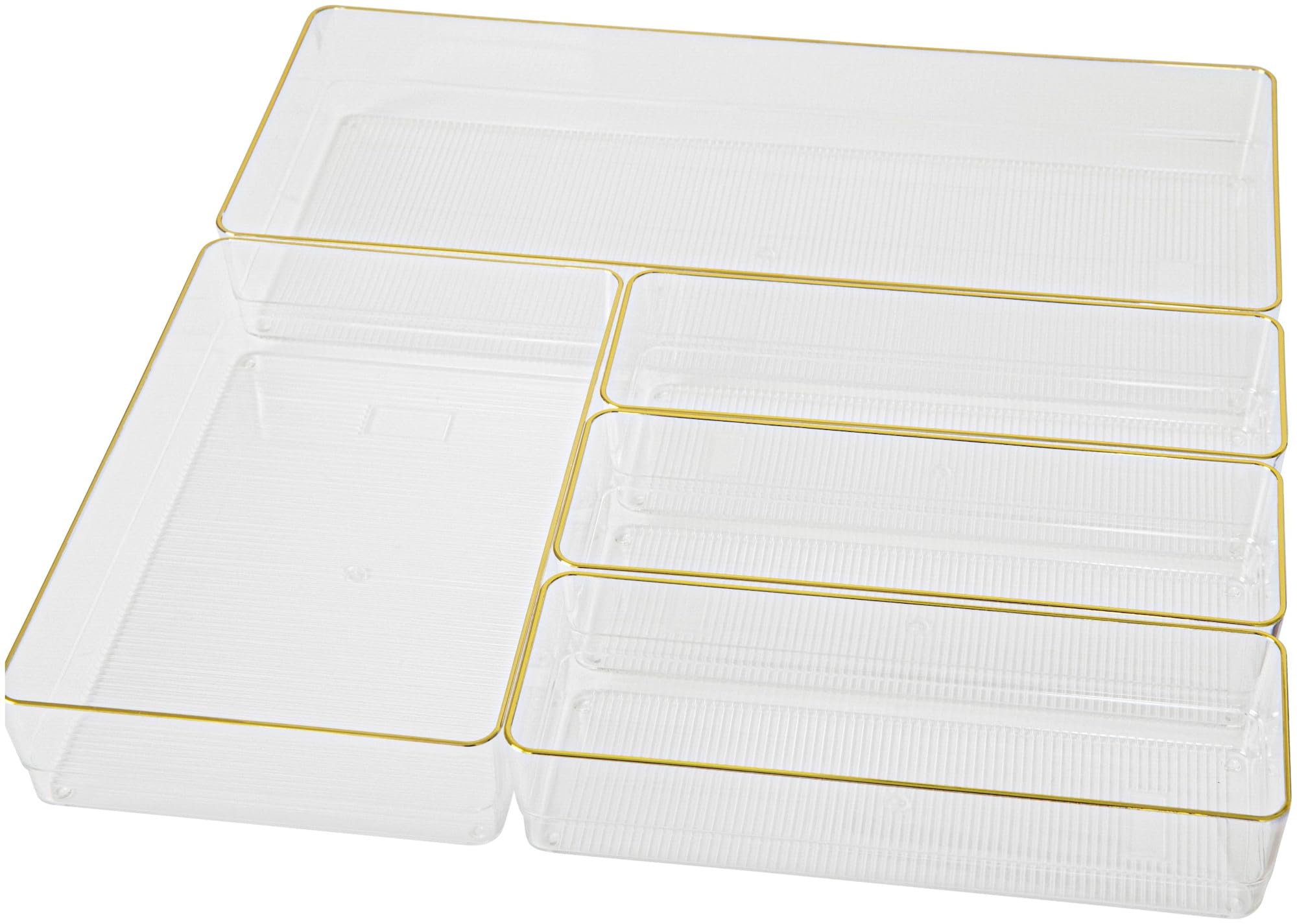 Kerry Plastic Stackable Office Desk Drawer Organizers, Set of 5, with Gold Trim