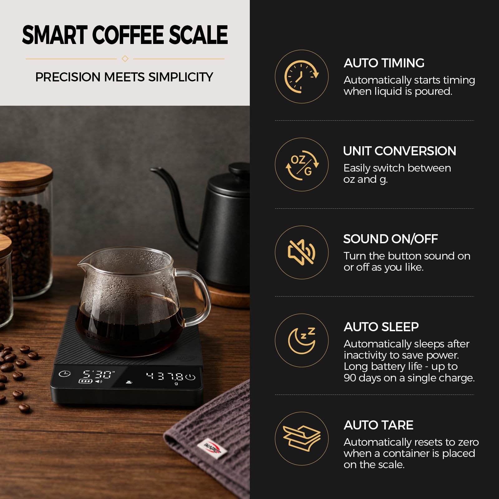 IKAPE Espresso-Kaffeewaage mit Timer, 2 kg/0,1 g, hochpräzise Digitalwaage mit Silikonmatte, 4 Modi in einem, LED-Display, Auto-Tare, für Küche, Kochen, Espresso, Übergießen von Kaffee