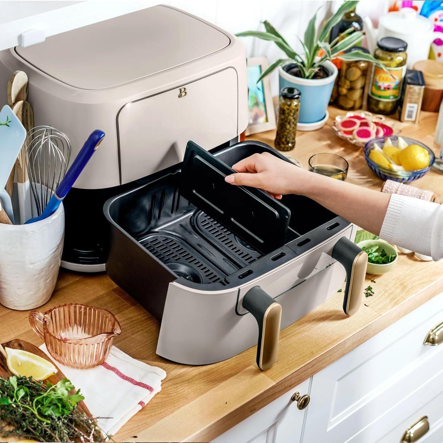 Trizone 9-Quart Dual Zone Air Fryer Exclusive with Divider & Crisper Trays, Digital Touchscreen for 2-in-1 Cooking By Drew Barrymoree (Porcini Taupe)