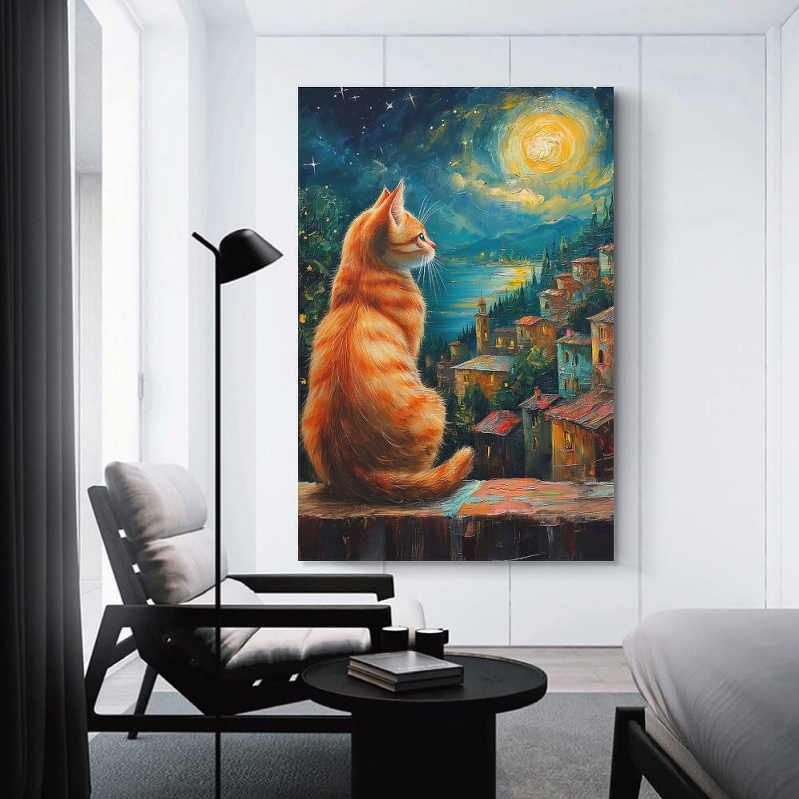 Junmoney Decorative Wall Artwork Cat Gazing at A Moonlit Village, 08x12inch(20x30cm), for Living Room, Bedroom Or Apartment Walls, Decorative Artwork for Empty Walls