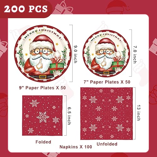 Miniatura 5 de Homlouue 200 platos y servilletas de papel de Navidad, bonitos suministros de fiesta de Navidad de Papá Noel, juego de vajilla desechable de