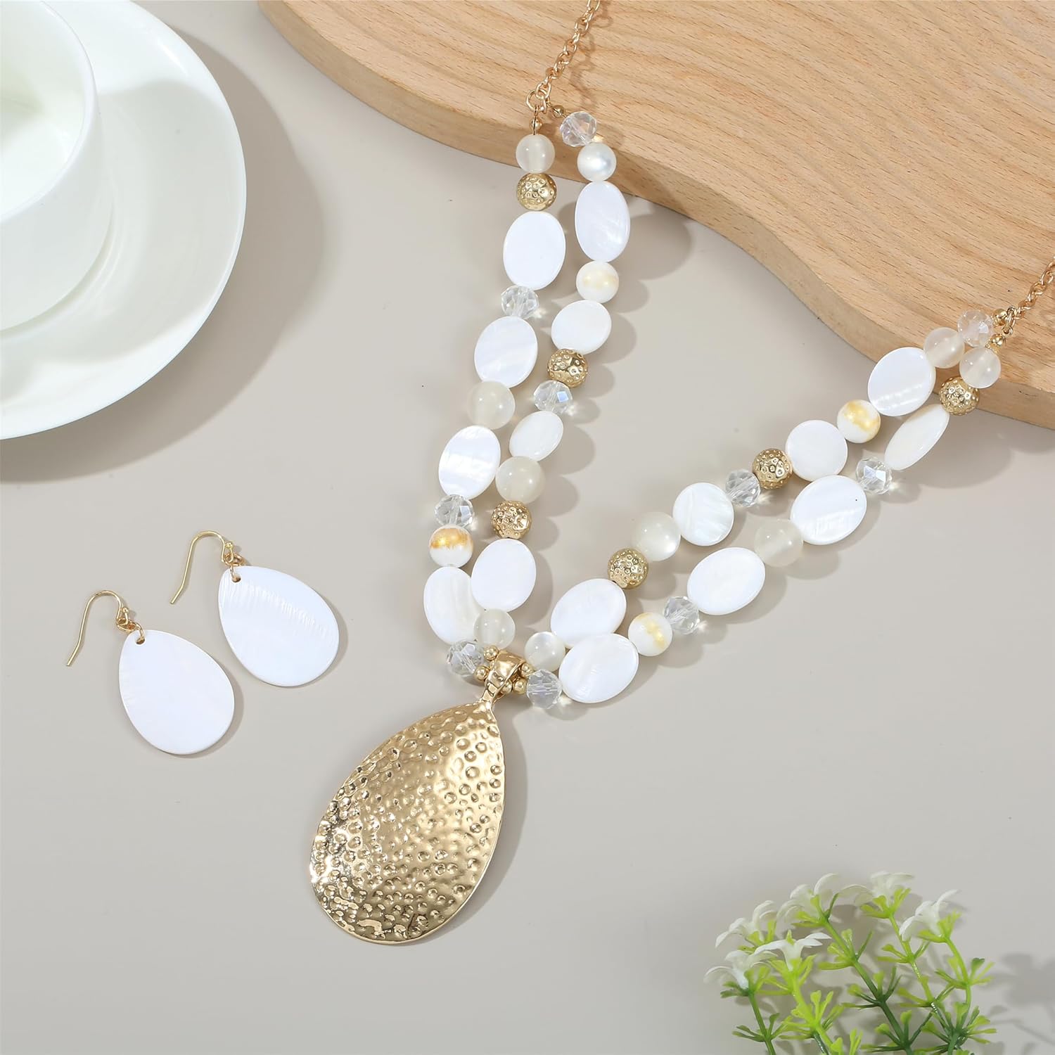 Gold/Silver 20''+3'' Teardrop Pendant Statement Necklace for women Trendy Colorful Crystal Shell Beaded Gemstone Necklaces and Earrings Set Womens Layered Boho Chunky Necklaces and Dainty Teardrop Earrings Jewelry Gifts - Image 5