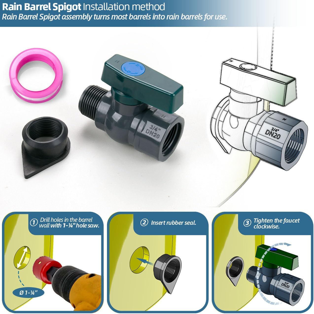 Rain Barrel Diverter & Spigot Kit for 2x3" Downspout - Gutter Diverter Connector System Fits Rectangular Downspouts, Converts Plastics Barrel into Rainwater Barrel
