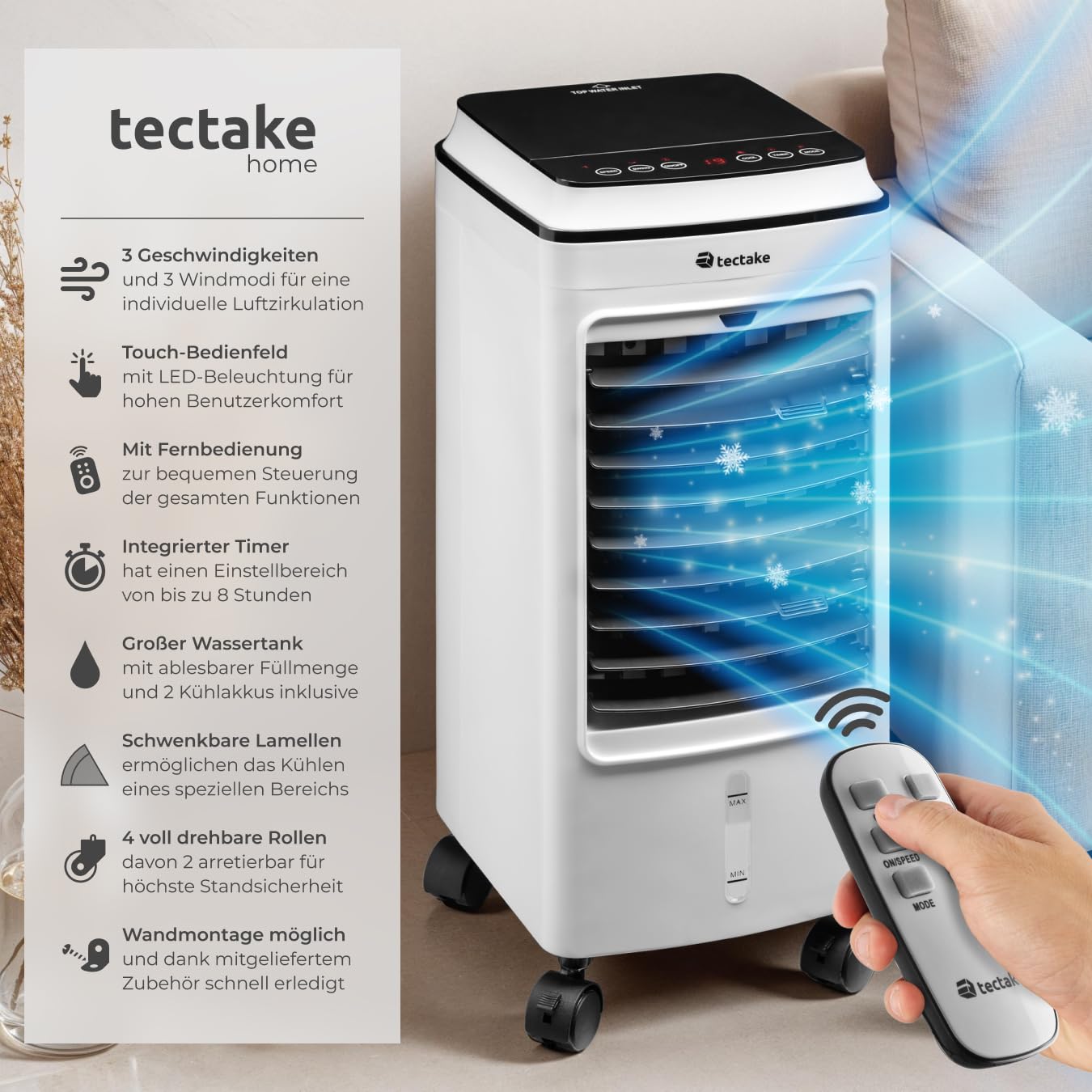 tectake® Mobiles Klimagerät 3in1, Ventilator, Air Conditioner ohne Abluftschlauch, mobiler Luftkühler mit Fernbedienung und Timer, portable Kühlung und Luftbefeuchter für Schlafzimmer oder Büro