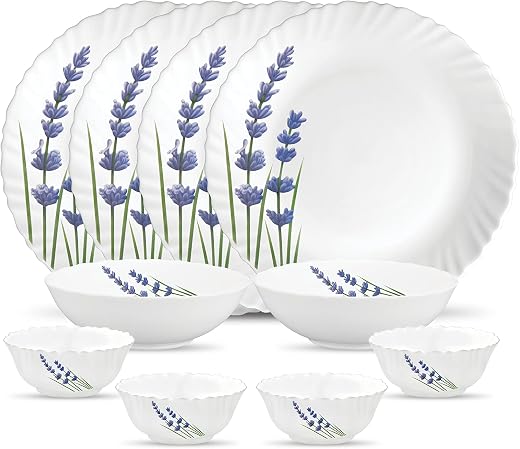 La Opala Novo Collection Opal Glass Crockery | for Family of 4 | Dinner Set 10 pcs English Lavender | Plates &amp; Bowls for D...